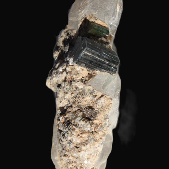 Black & Green Tourmaline on elestial Smoky Quartz crystal with Calcite from Afghanistan 67.3ct 13.4g - Rocks and Things Store