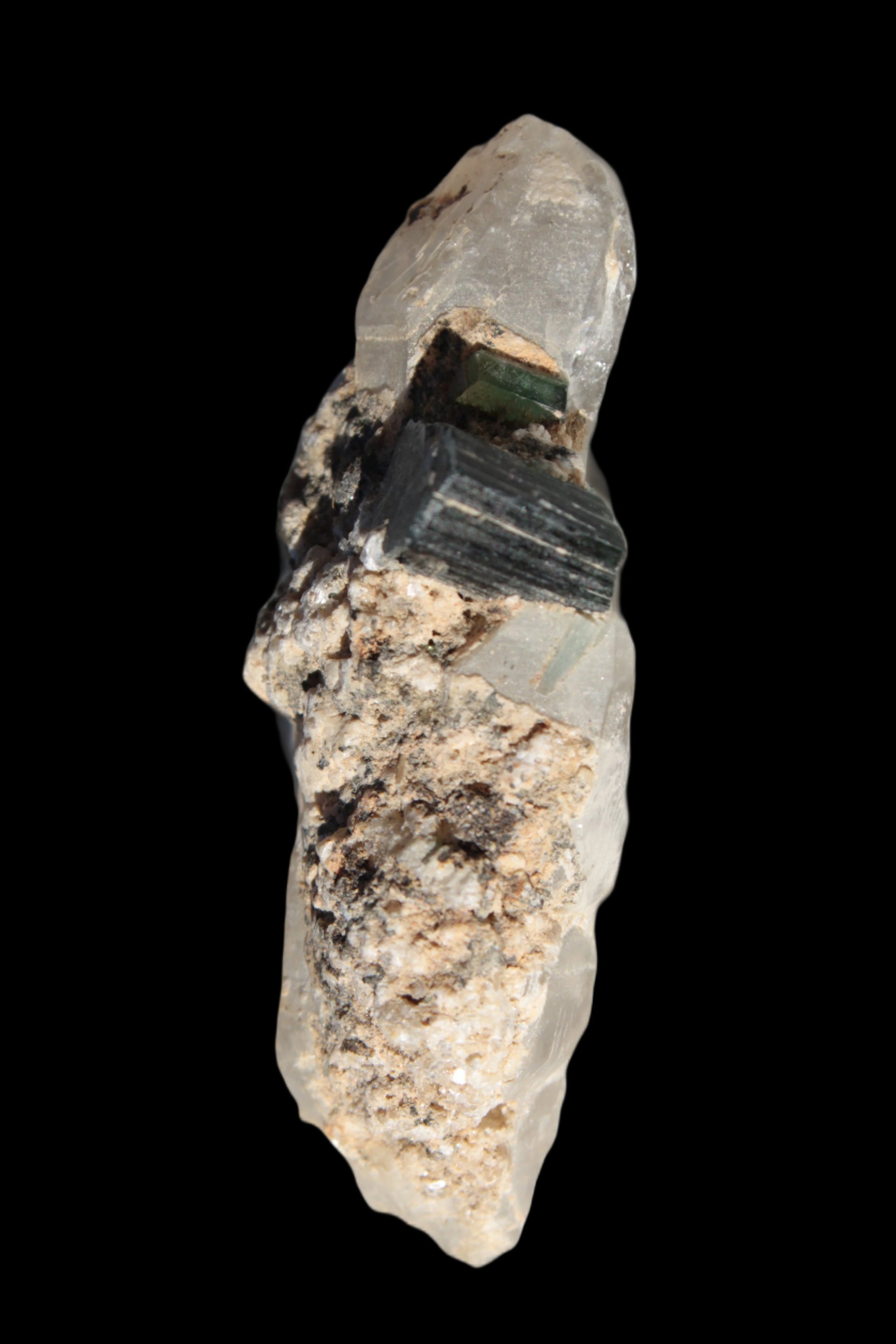 Black & Green Tourmaline on elestial Smoky Quartz crystal with Calcite from Afghanistan 67.3ct 13.4g Rocks and Things