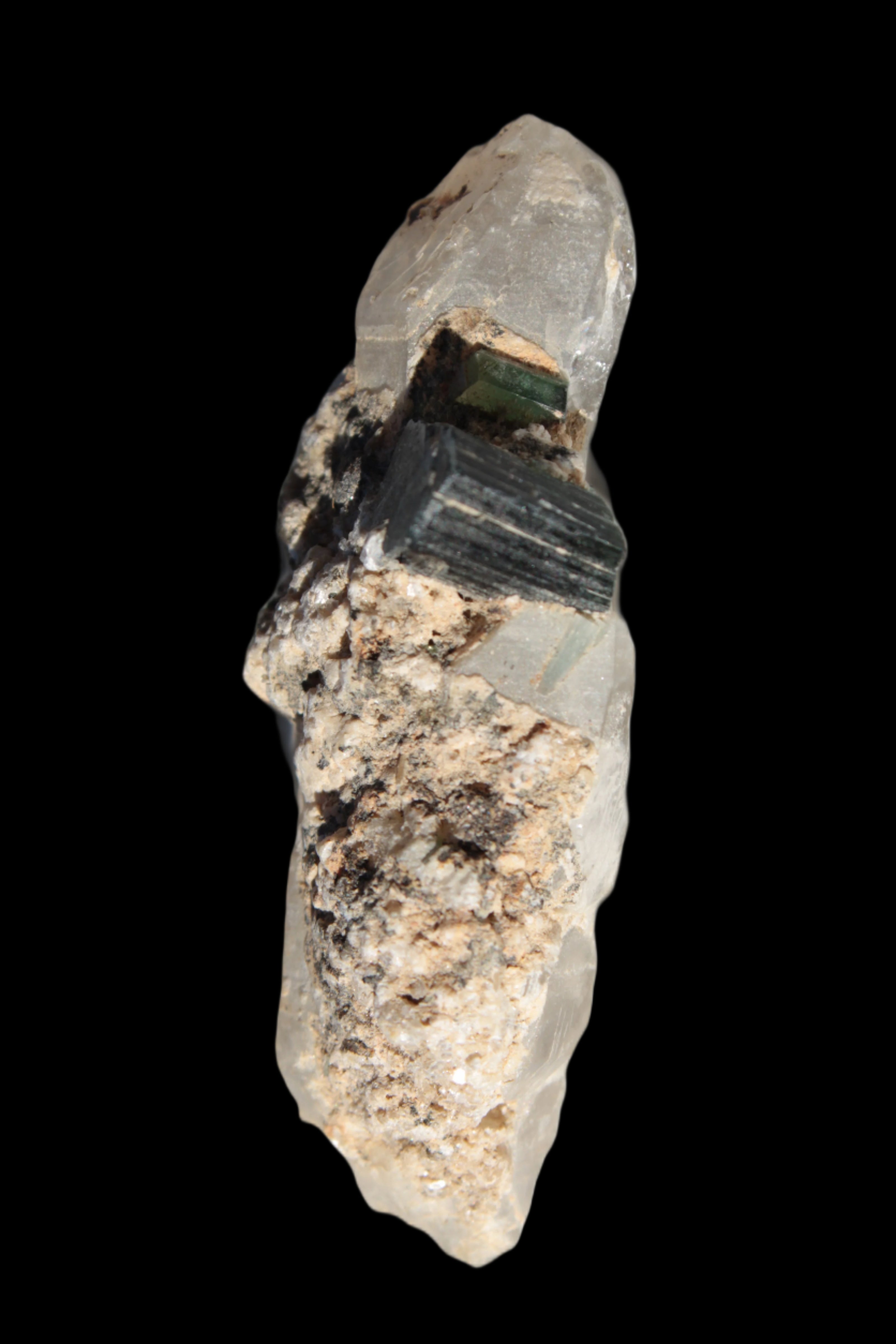 Black & Green Tourmaline on elestial Smoky Quartz crystal with Calcite from Afghanistan 67.3ct 13.4g Rocks and Things