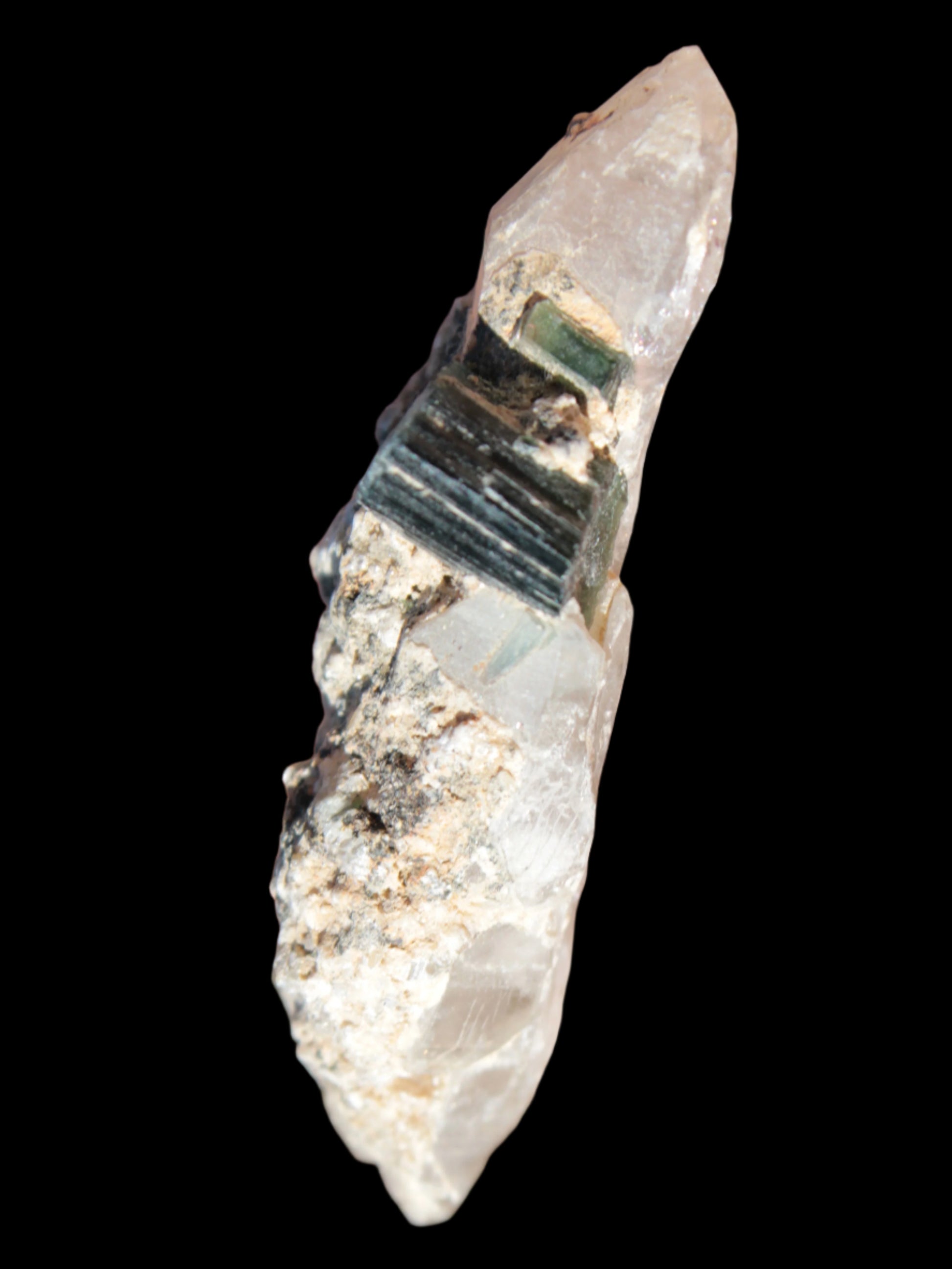 Black & Green Tourmaline on elestial Smoky Quartz crystal with Calcite from Afghanistan 67.3ct 13.4g - Rocks and Things Store