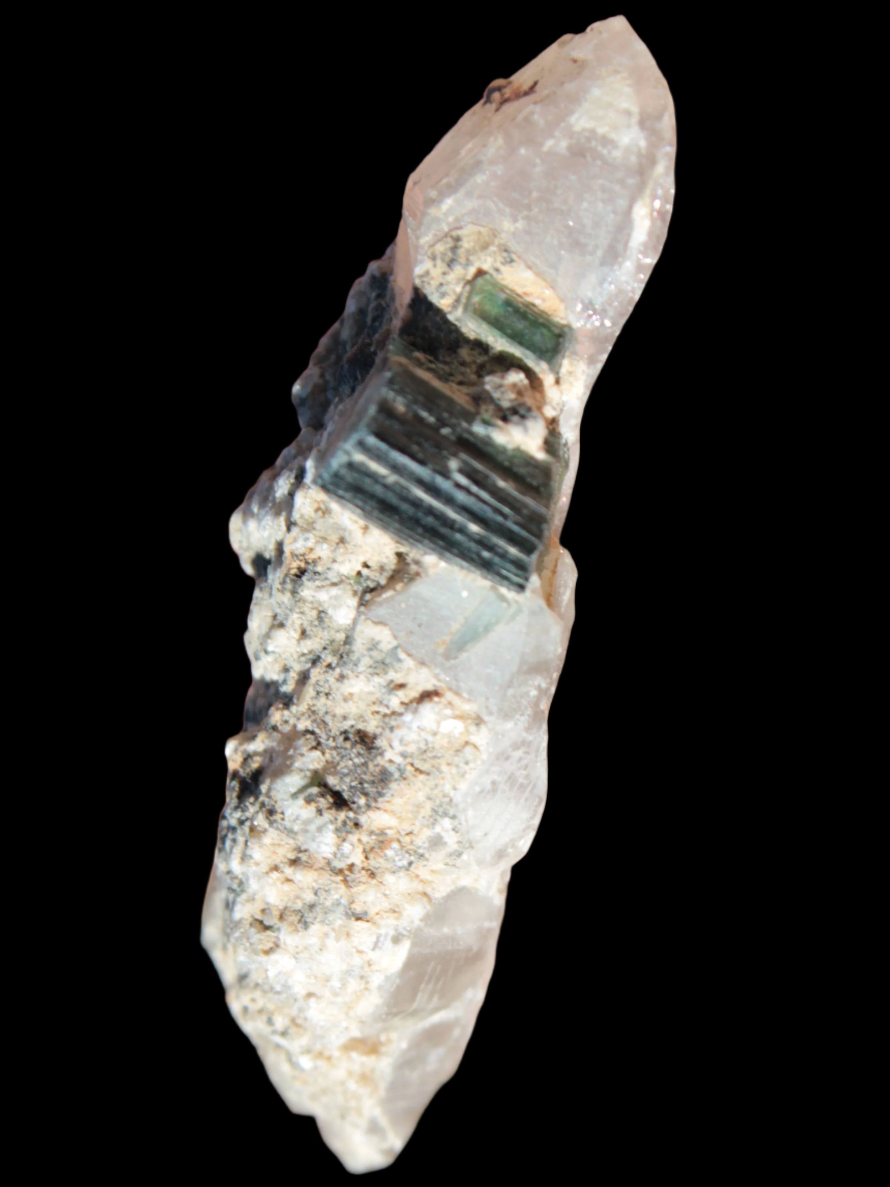 Black & Green Tourmaline on elestial Smoky Quartz crystal with Calcite from Afghanistan 67.3ct 13.4g - Rocks and Things Store