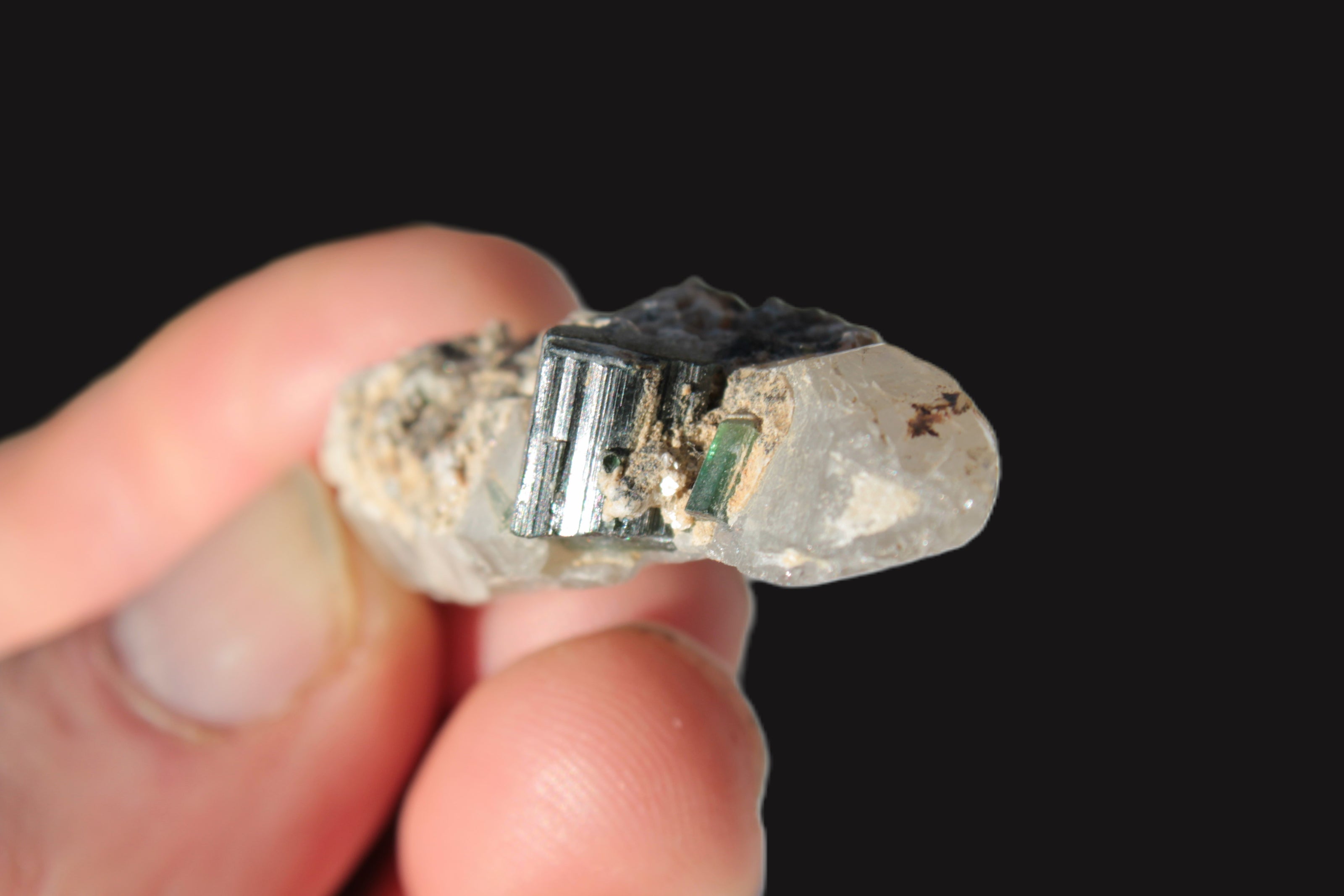Black & Green Tourmaline on elestial Smoky Quartz crystal with Calcite from Afghanistan 67.3ct 13.4g Rocks and Things