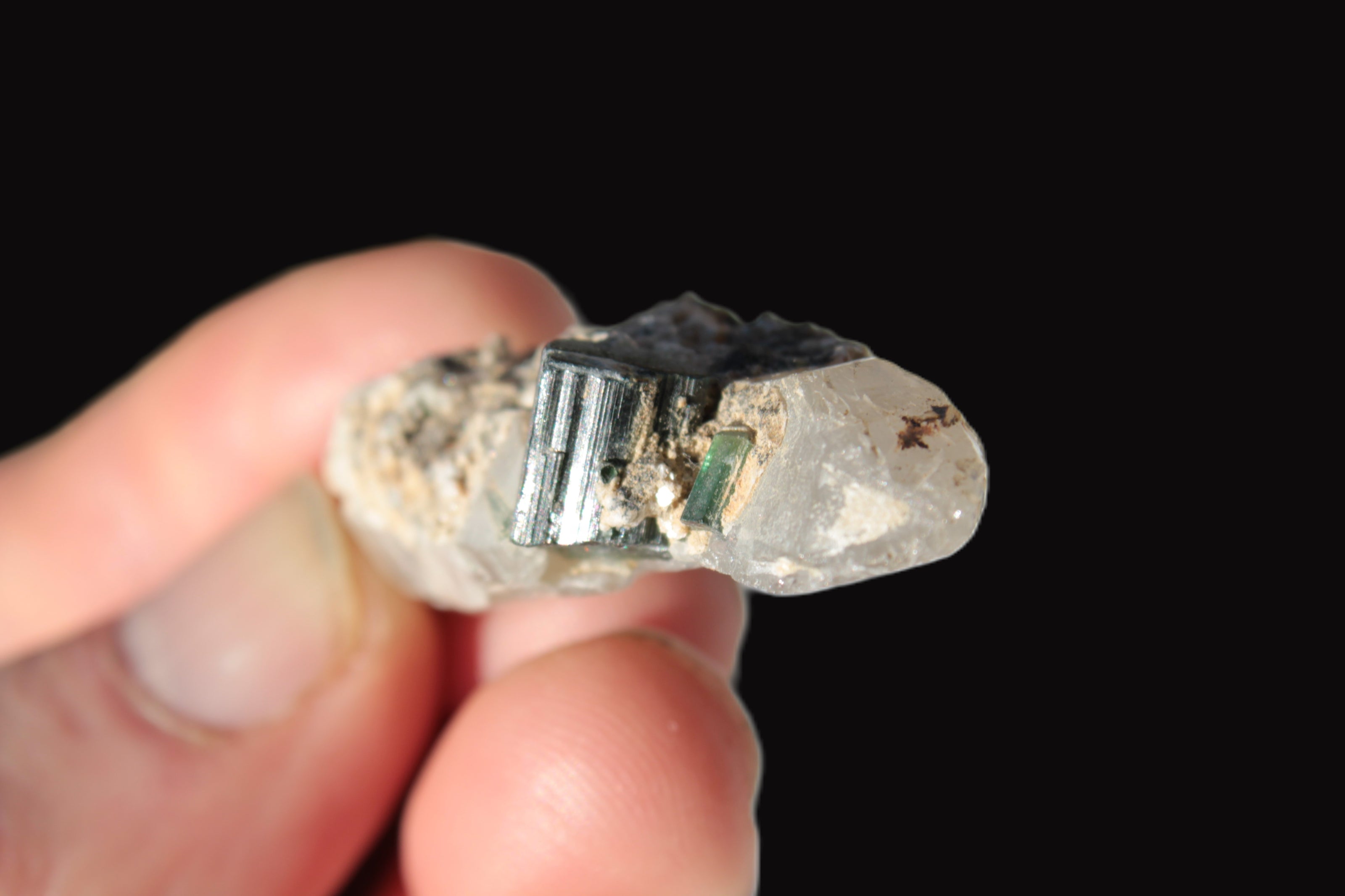Black & Green Tourmaline on elestial Smoky Quartz crystal with Calcite from Afghanistan 67.3ct 13.4g Rocks and Things