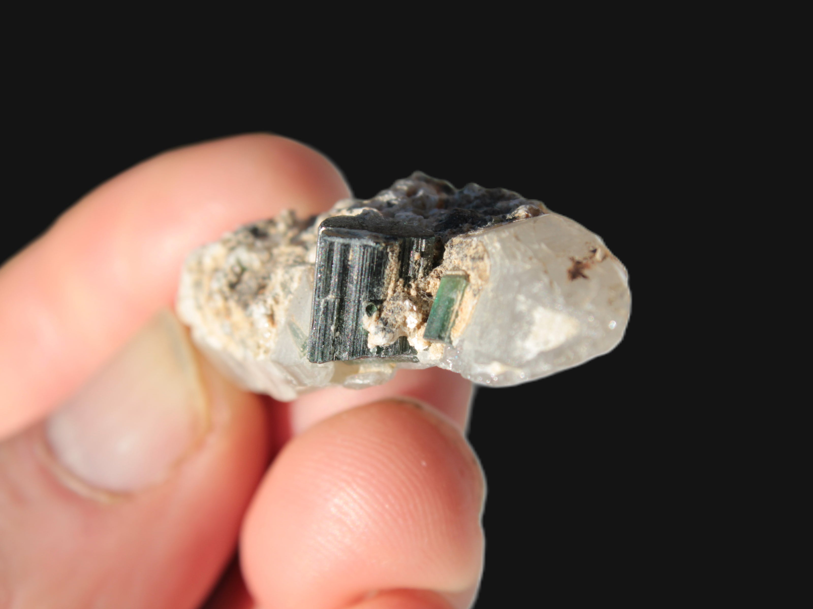Black & Green Tourmaline on elestial Smoky Quartz crystal with Calcite from Afghanistan 67.3ct 13.4g Rocks and Things