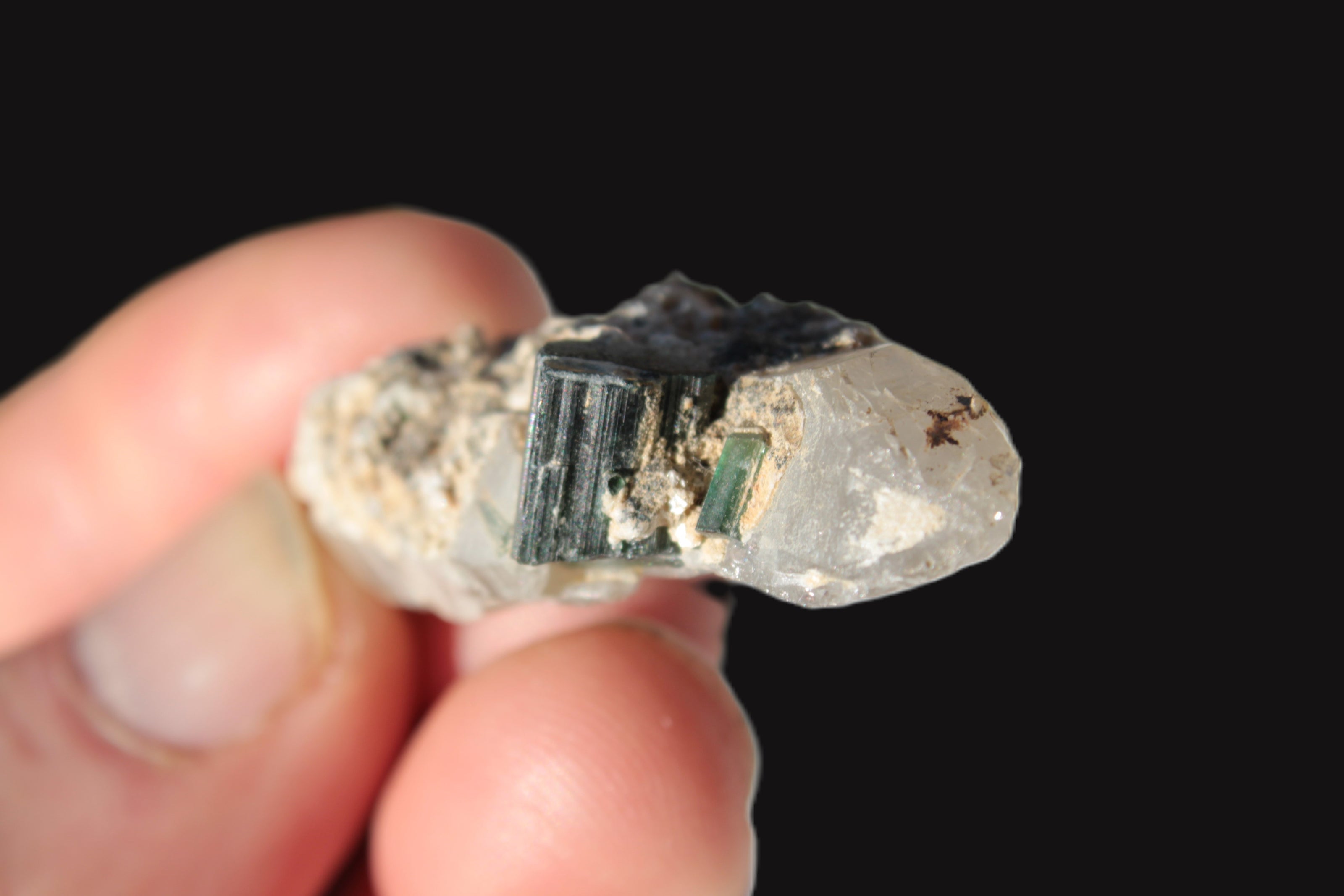 Black & Green Tourmaline on elestial Smoky Quartz crystal with Calcite from Afghanistan 67.3ct 13.4g Rocks and Things