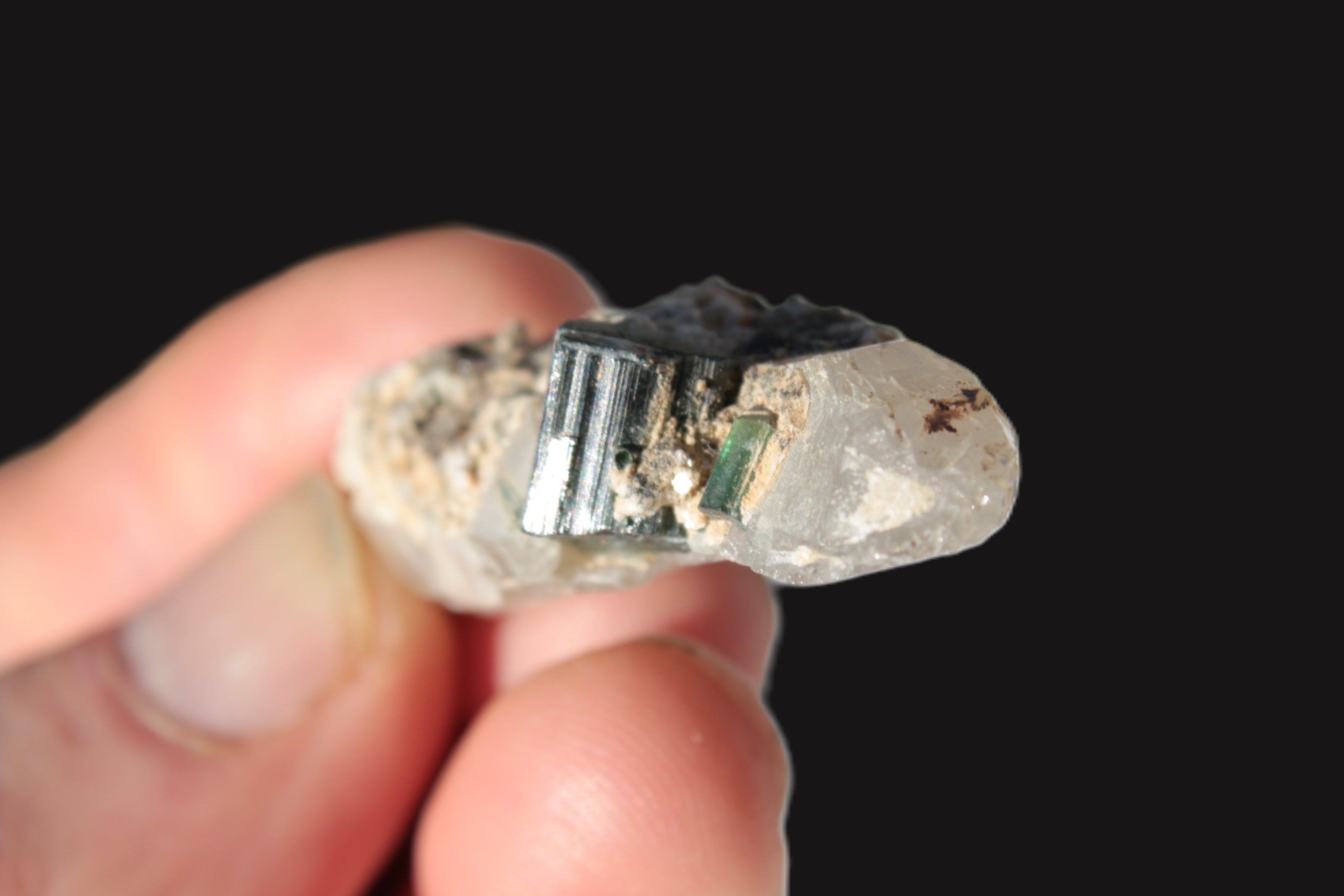 Black & Green Tourmaline on elestial Smoky Quartz crystal with Calcite from Afghanistan 67.3ct 13.4g Rocks and Things