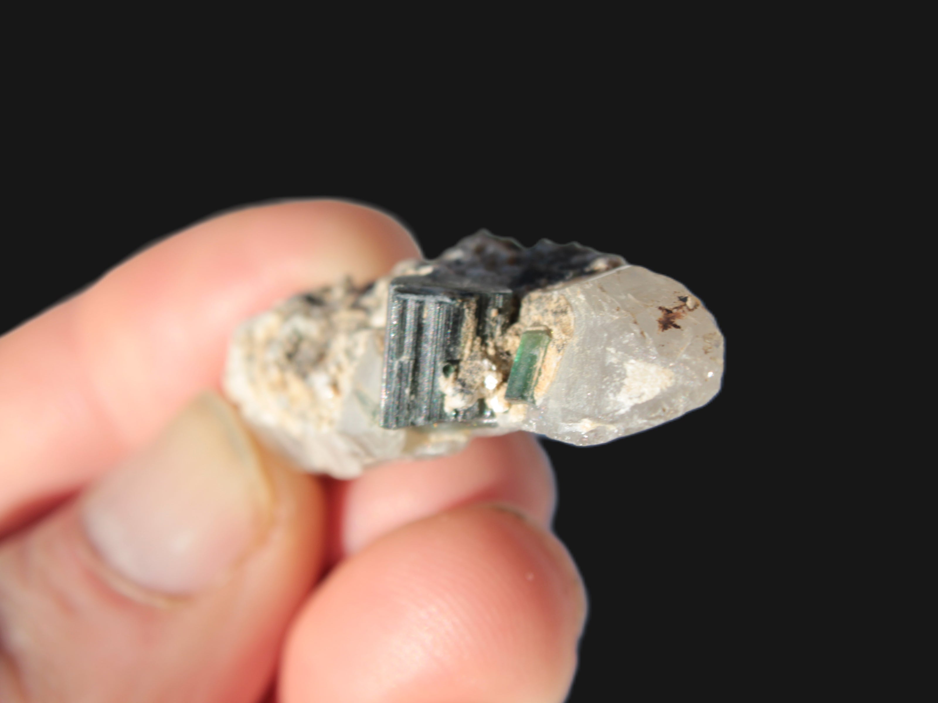 Black & Green Tourmaline on elestial Smoky Quartz crystal with Calcite from Afghanistan 67.3ct 13.4g Rocks and Things