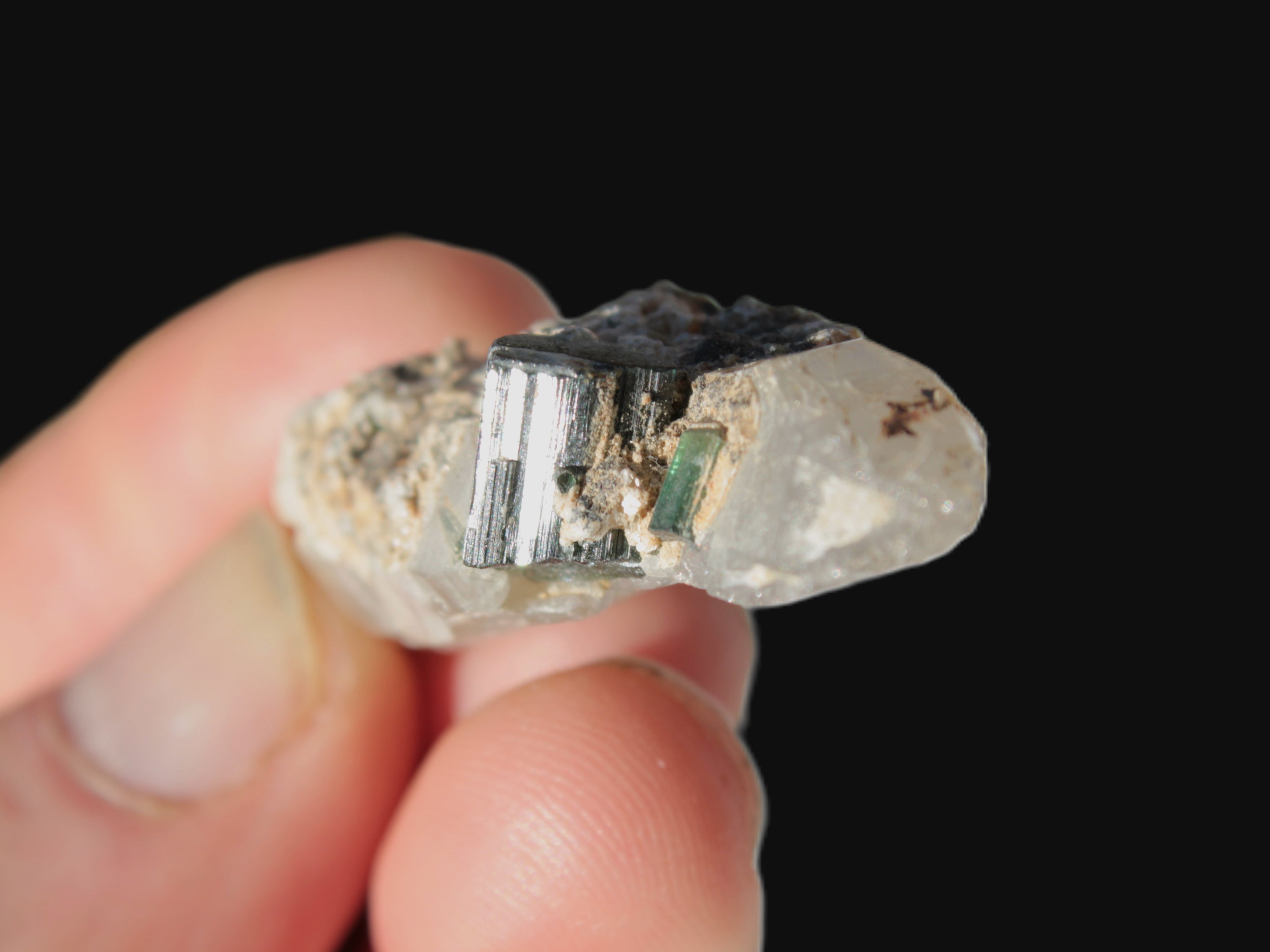 Black & Green Tourmaline on elestial Smoky Quartz crystal with Calcite from Afghanistan 67.3ct 13.4g Rocks and Things