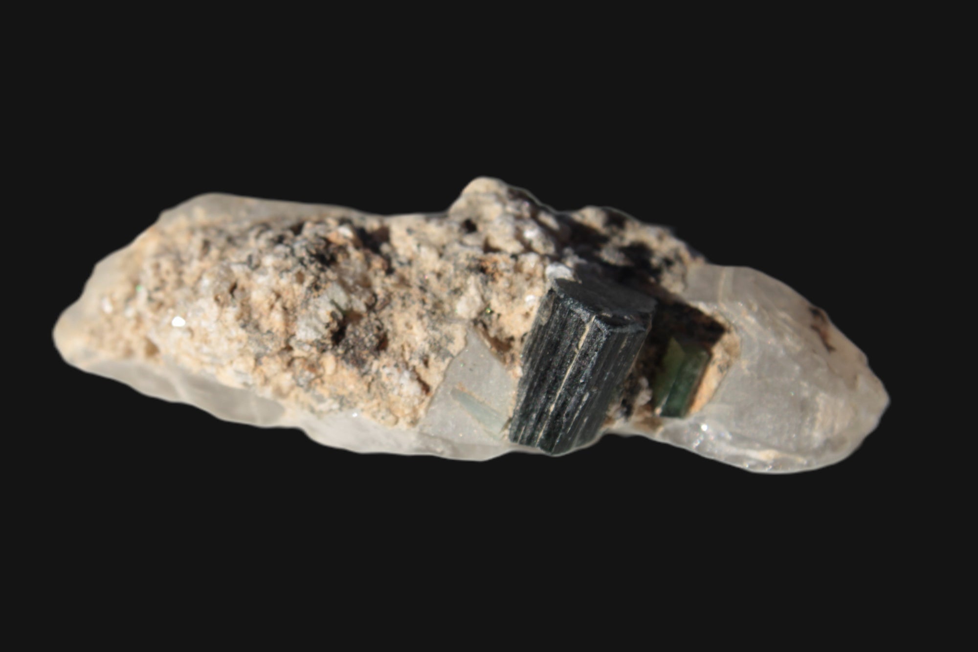Black & Green Tourmaline on elestial Smoky Quartz crystal with Calcite from Afghanistan 67.3ct 13.4g Rocks and Things