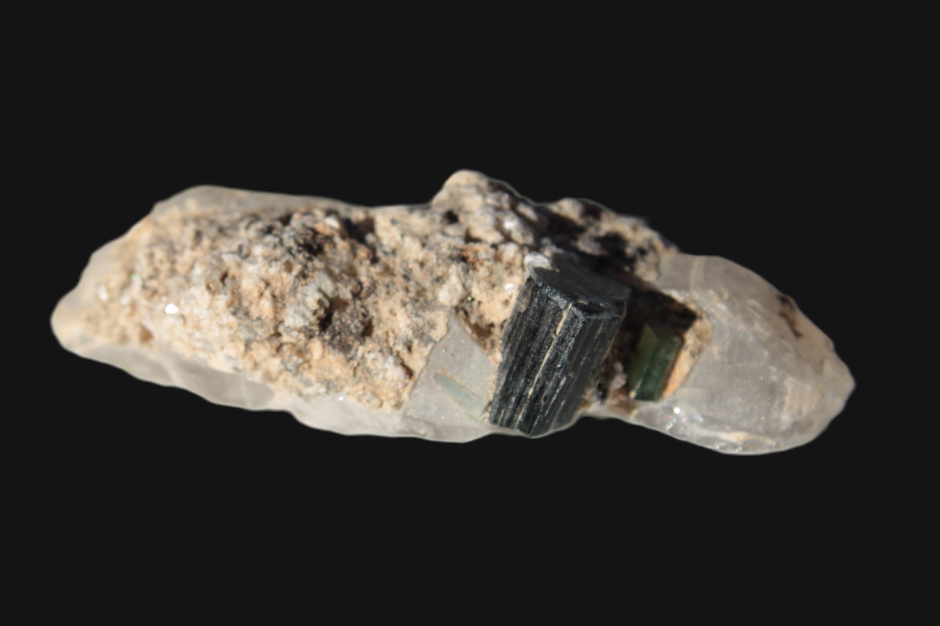 Black & Green Tourmaline on elestial Smoky Quartz crystal with Calcite from Afghanistan 67.3ct 13.4g Rocks and Things