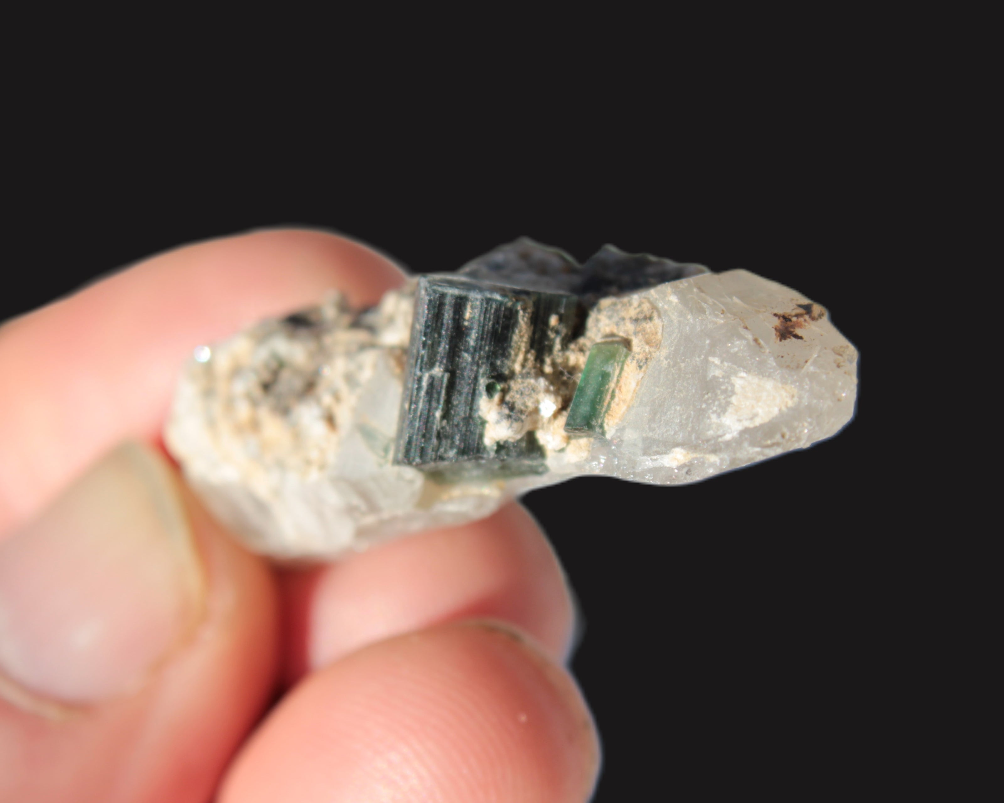 Black & Green Tourmaline on elestial Smoky Quartz crystal with Calcite from Afghanistan 67.3ct 13.4g Rocks and Things
