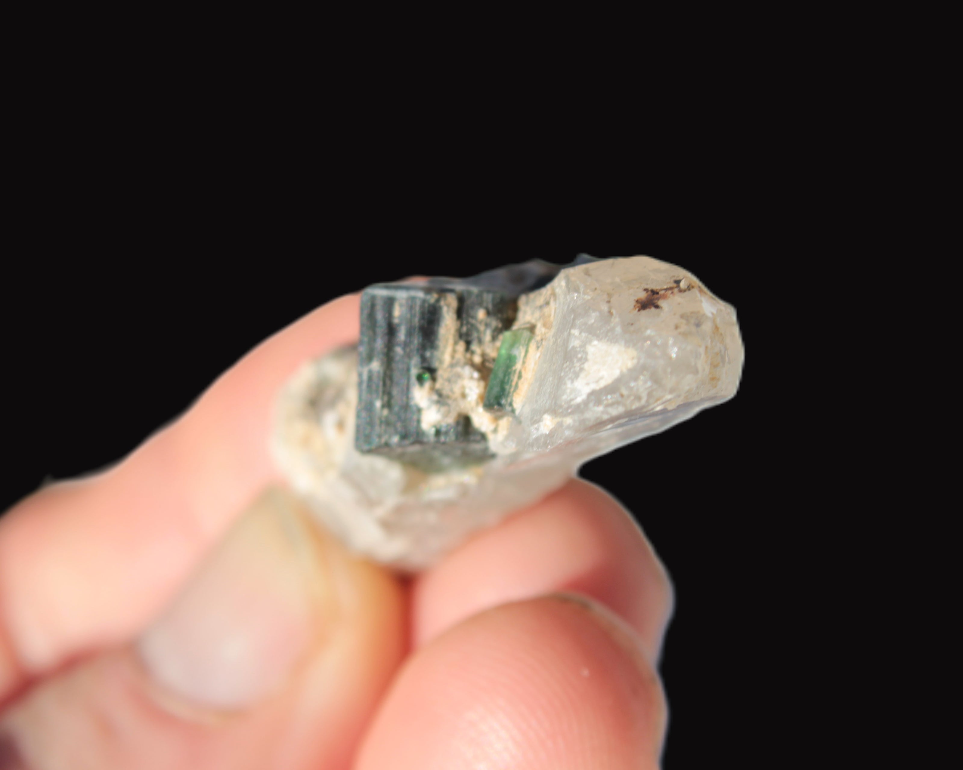 Black & Green Tourmaline on elestial Smoky Quartz crystal with Calcite from Afghanistan 67.3ct 13.4g Rocks and Things