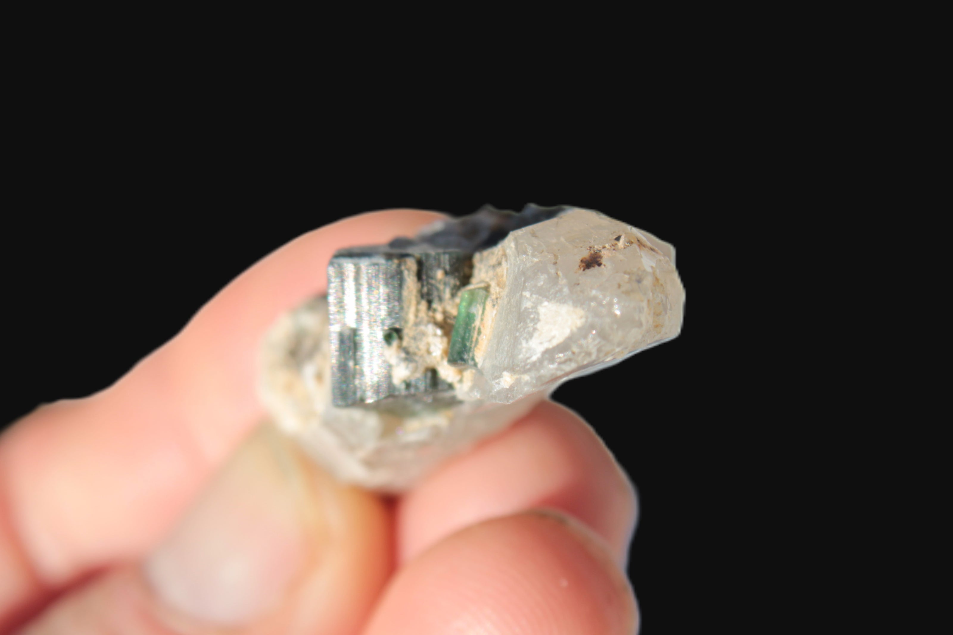 Black & Green Tourmaline on elestial Smoky Quartz crystal with Calcite from Afghanistan 67.3ct 13.4g Rocks and Things