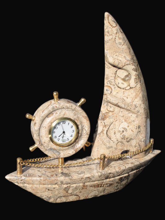 Orthoceras hand-carved sailing ship with trim and clock 212*60*213mm 1200g Rocks and Things