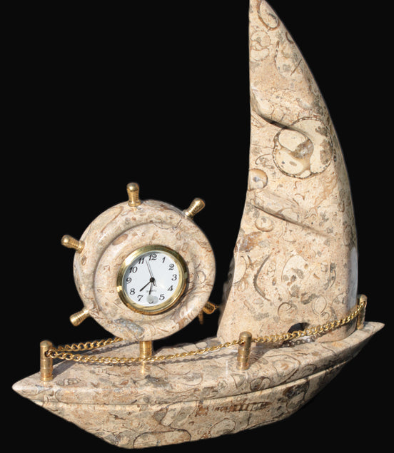 Orthoceras hand-carved sailing ship with trim and clock 212*60*213mm 1200g Rocks and Things