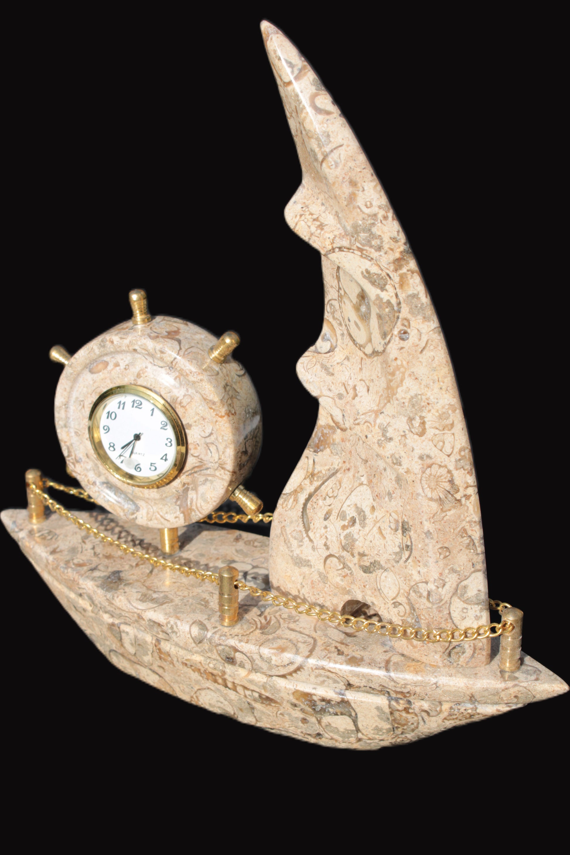 Orthoceras hand-carved sailing ship with trim and clock 212*60*213mm 1200g Rocks and Things