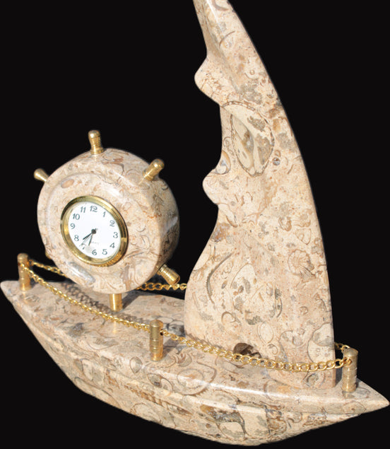 Orthoceras hand-carved sailing ship with trim and clock 212*60*213mm 1200g Rocks and Things