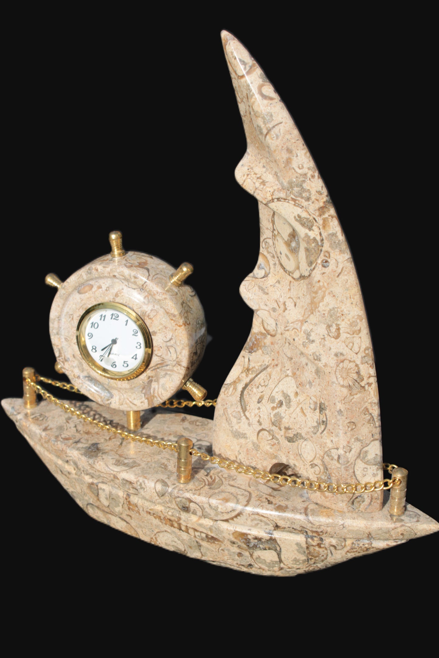 Orthoceras hand-carved sailing ship with trim and clock 212*60*213mm 1200g Rocks and Things