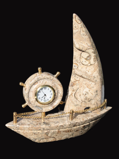 Orthoceras hand-carved sailing ship with trim and clock 212*60*213mm 1200g Rocks and Things