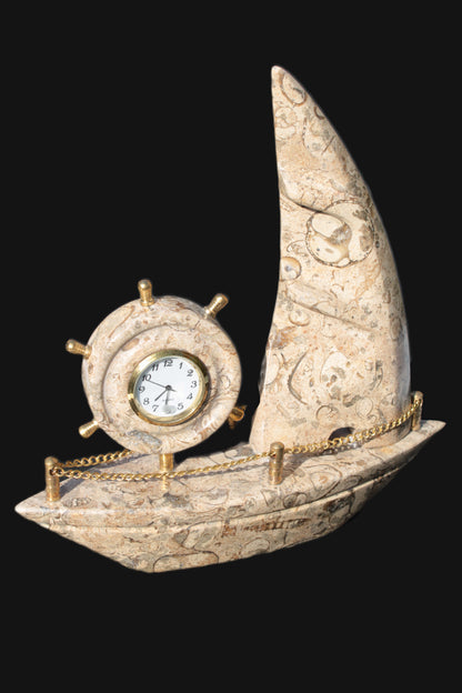 Orthoceras hand-carved sailing ship with trim and clock 212*60*213mm 1200g Rocks and Things