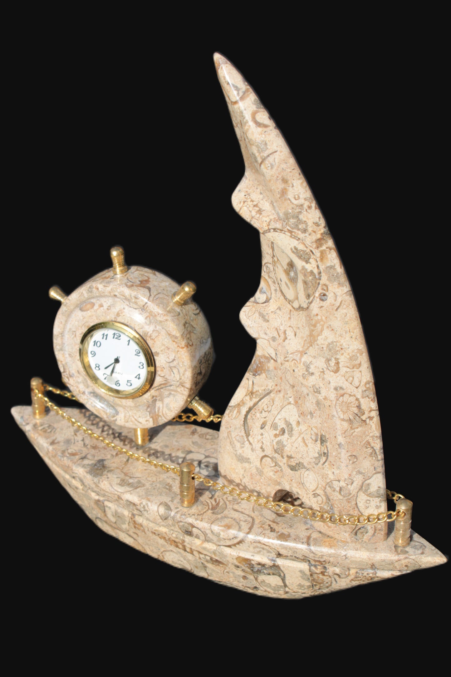 Orthoceras hand-carved sailing ship with trim and clock 212*60*213mm 1200g Rocks and Things