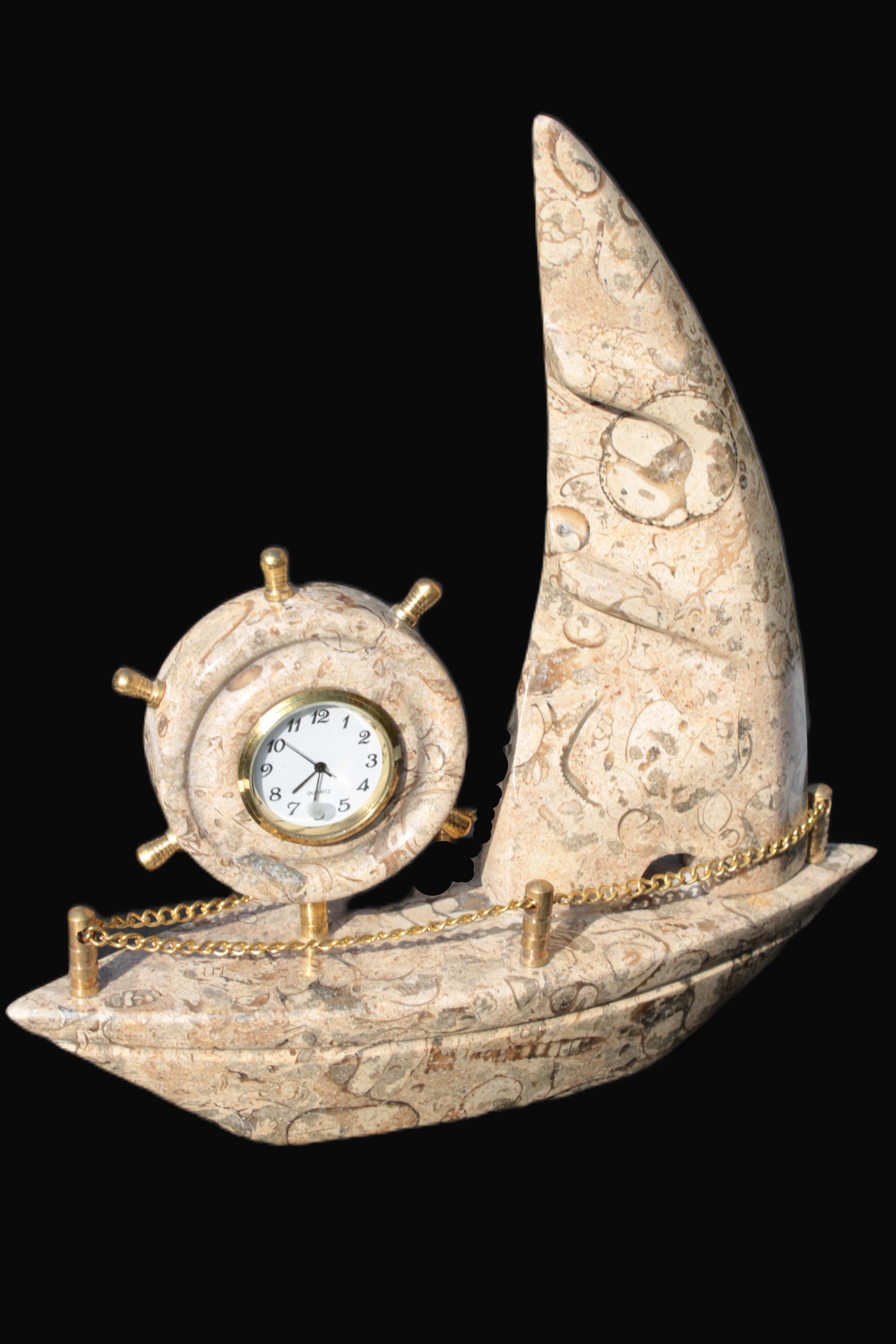 Orthoceras hand-carved sailing ship with trim and clock 212*60*213mm 1200g Rocks and Things