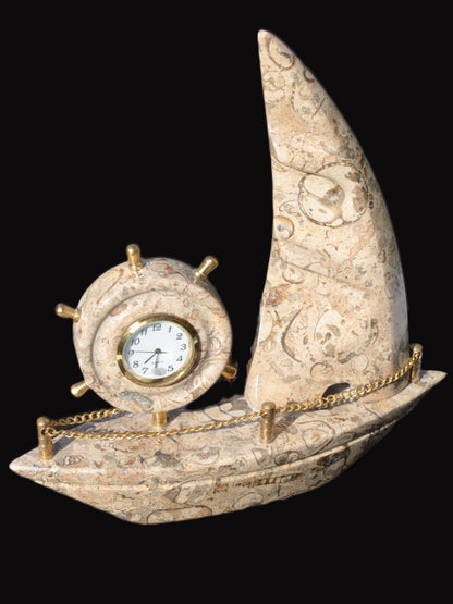 Orthoceras hand-carved sailing ship with trim and clock 212*60*213mm 1200g Rocks and Things