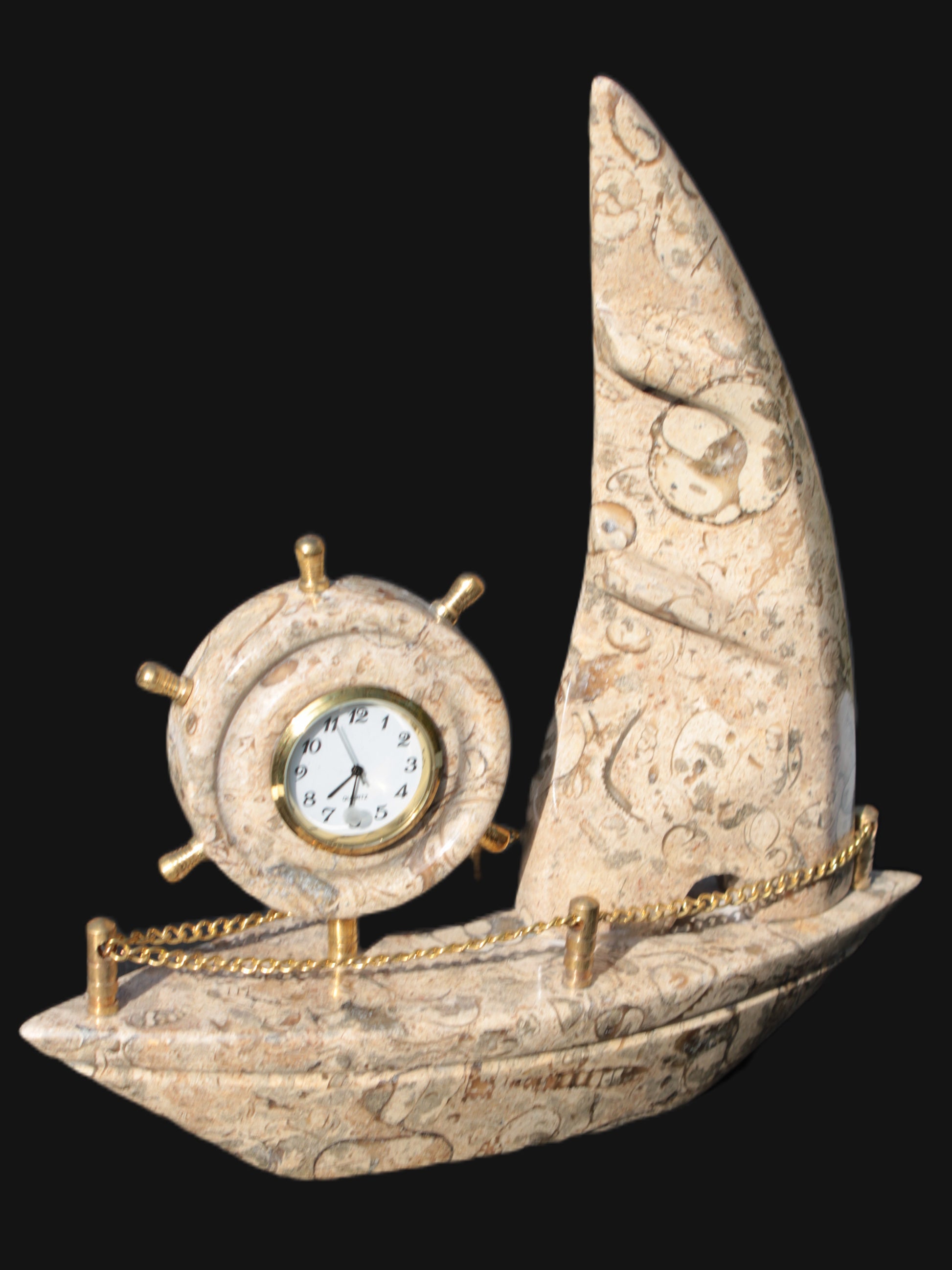 Orthoceras hand-carved sailing ship with trim and clock 212*60*213mm 1200g Rocks and Things