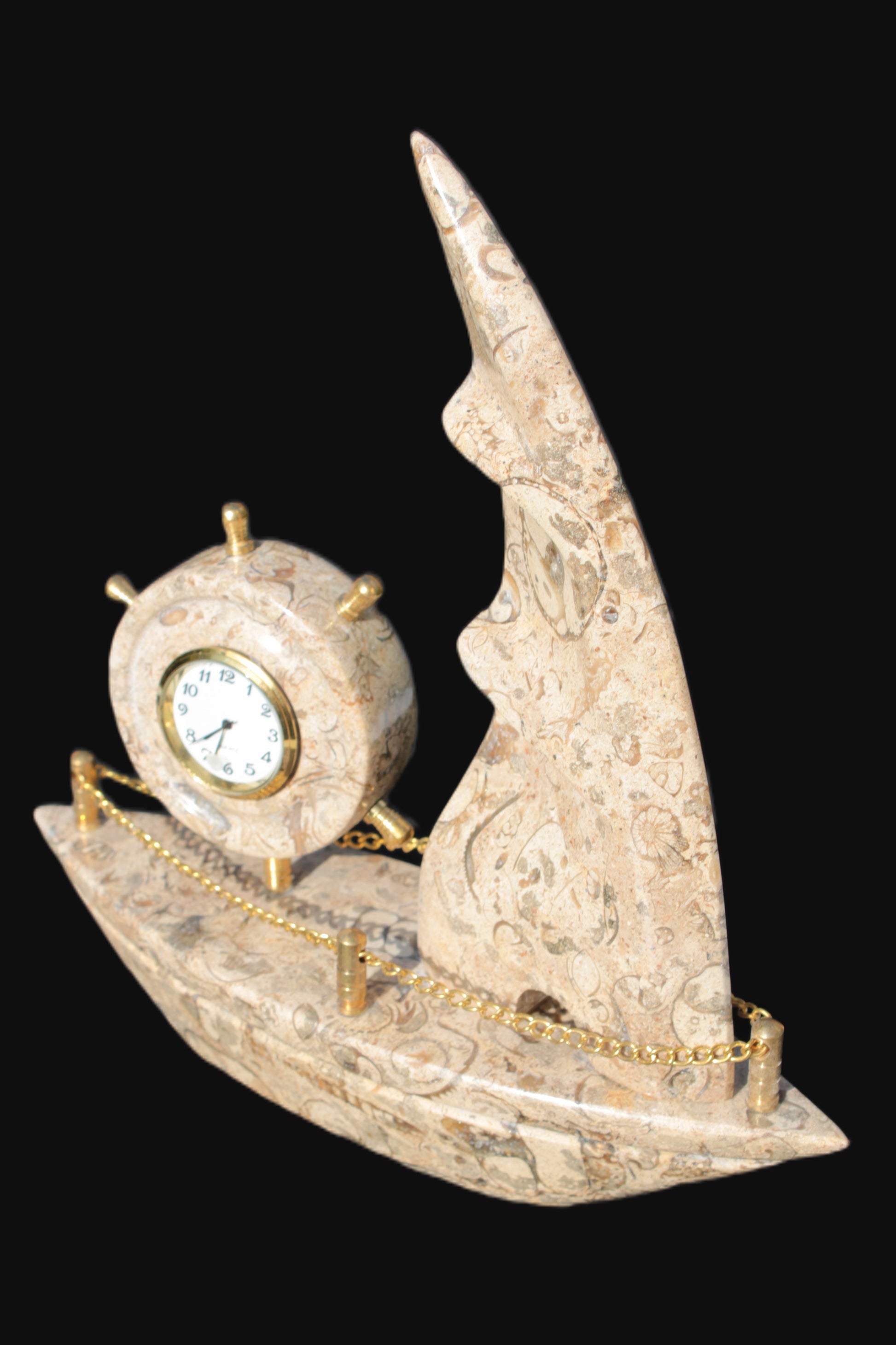 Orthoceras hand-carved sailing ship with trim and clock 212*60*213mm 1200g Rocks and Things