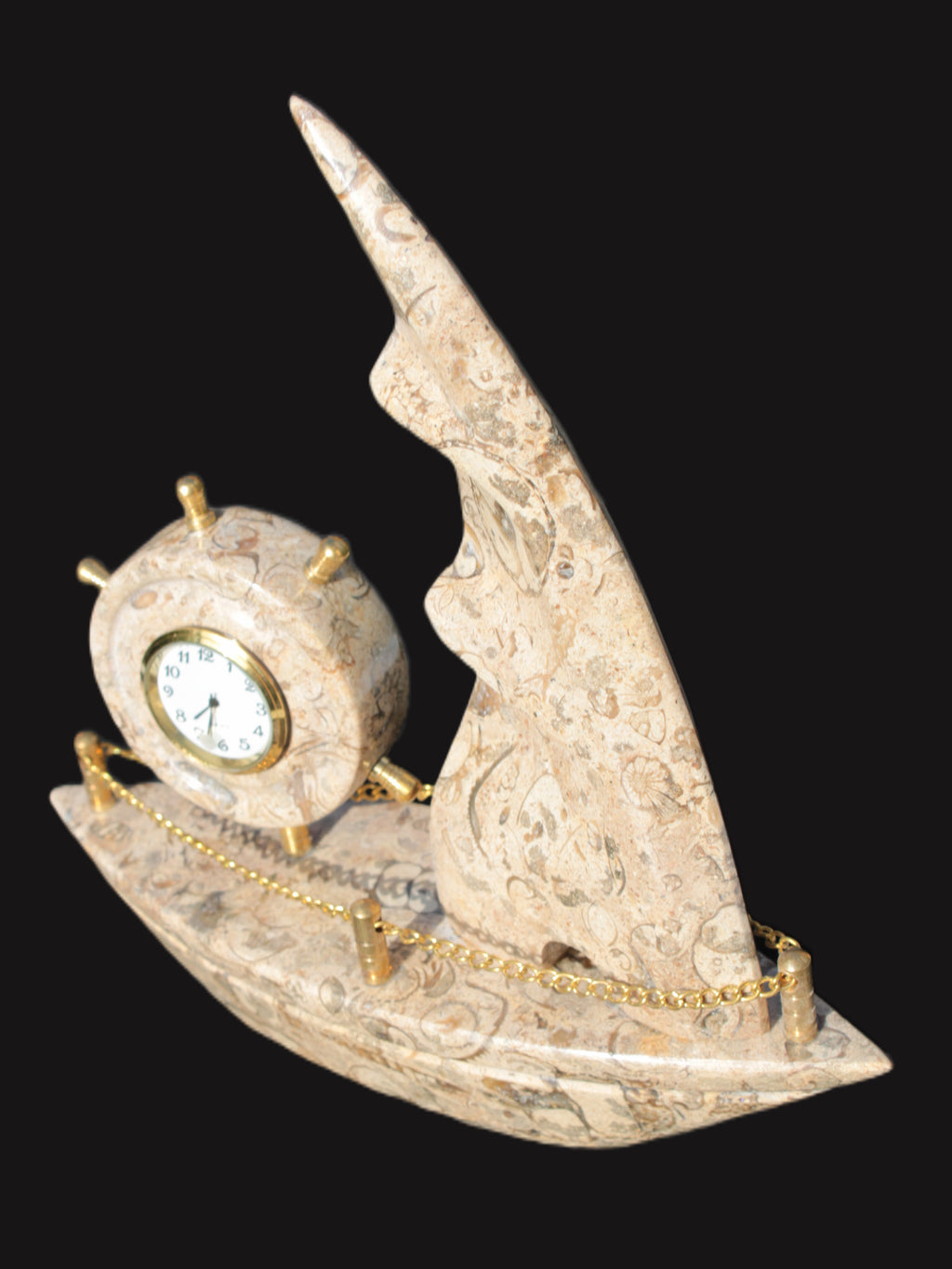 Orthoceras hand-carved sailing ship with trim and clock 212*60*213mm 1200g Rocks and Things