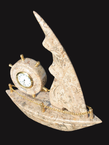 Orthoceras hand-carved sailing ship with trim and clock 212*60*213mm 1200g Rocks and Things