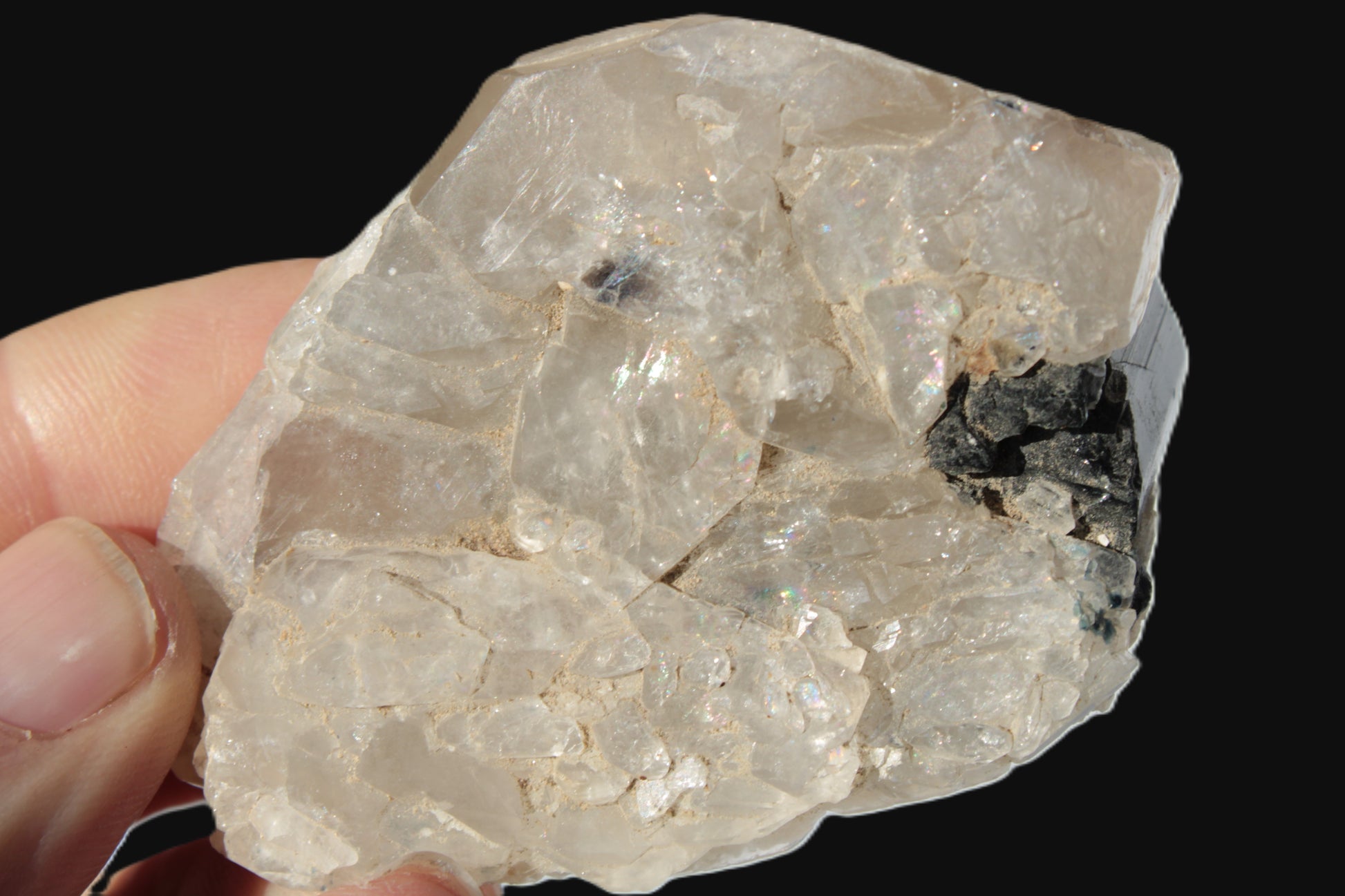 Black Tourmaline on flat-plated clear Calcite matrix from Afghanistan 65.8g Rocks and Things