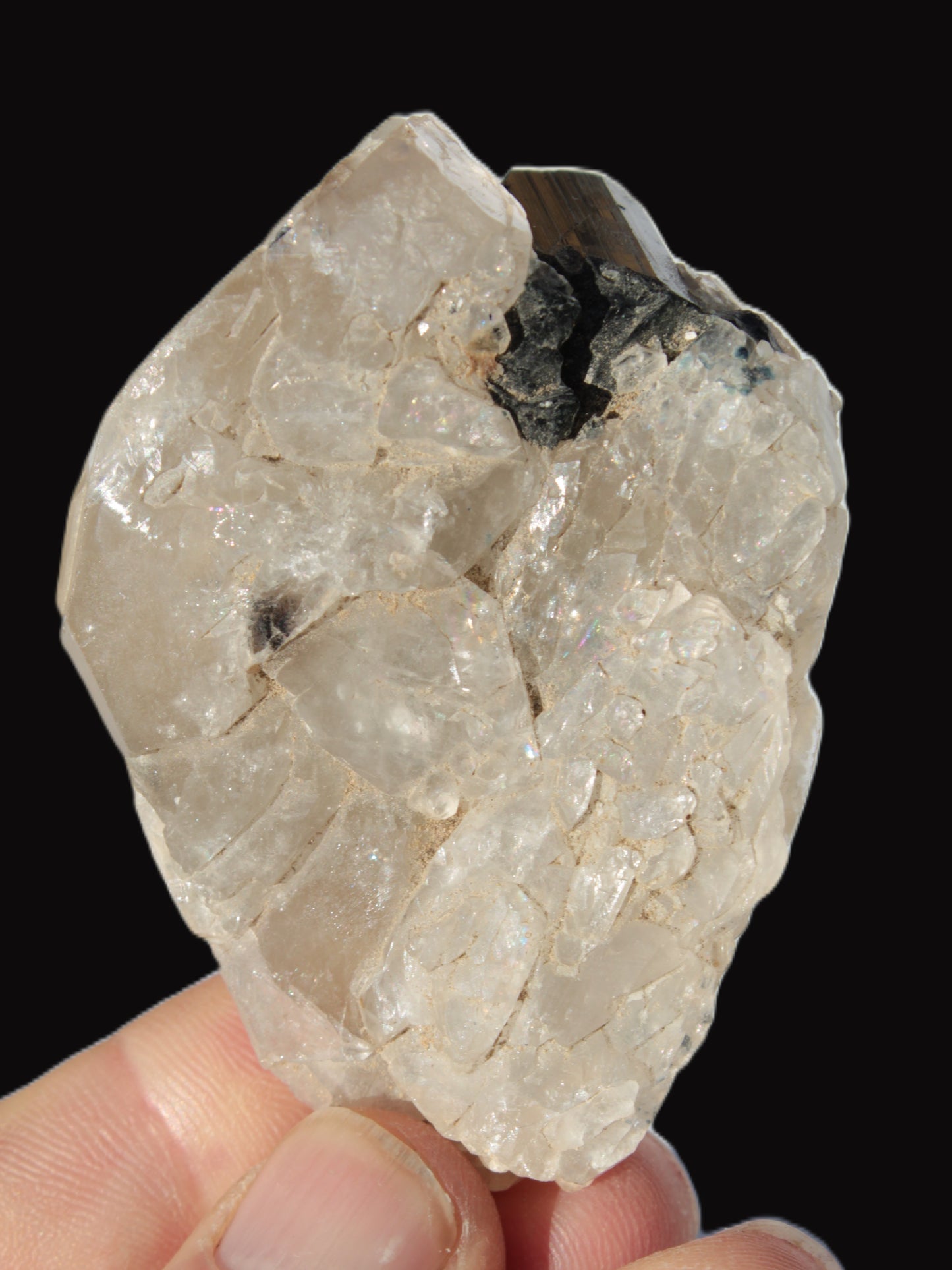 Black Tourmaline on flat-plated clear Calcite matrix from Afghanistan 65.8g Rocks and Things