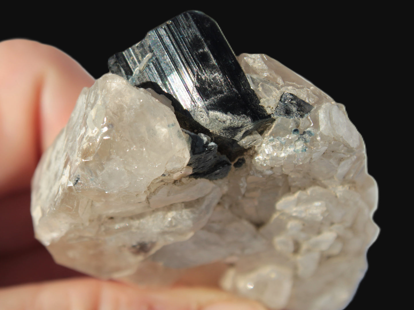 Black Tourmaline on flat-plated clear Calcite matrix from Afghanistan 65.8g Rocks and Things