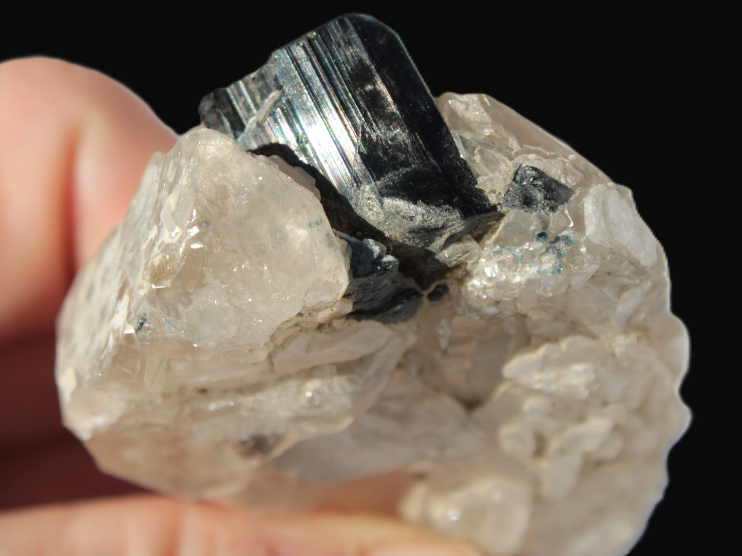 Black Tourmaline on flat-plated clear Calcite matrix from Afghanistan 65.8g Rocks and Things