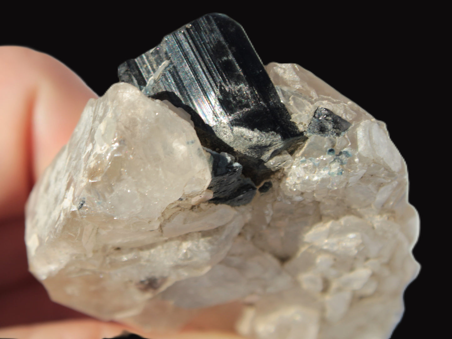 Black Tourmaline on flat-plated clear Calcite matrix from Afghanistan 65.8g Rocks and Things