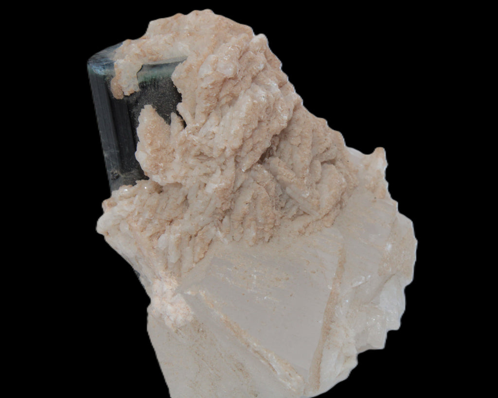 Large bi-colour terminated Green Tourmaline, Clear Aquamarine & Lepidolite on Calcite 118.9g Rocks and Things