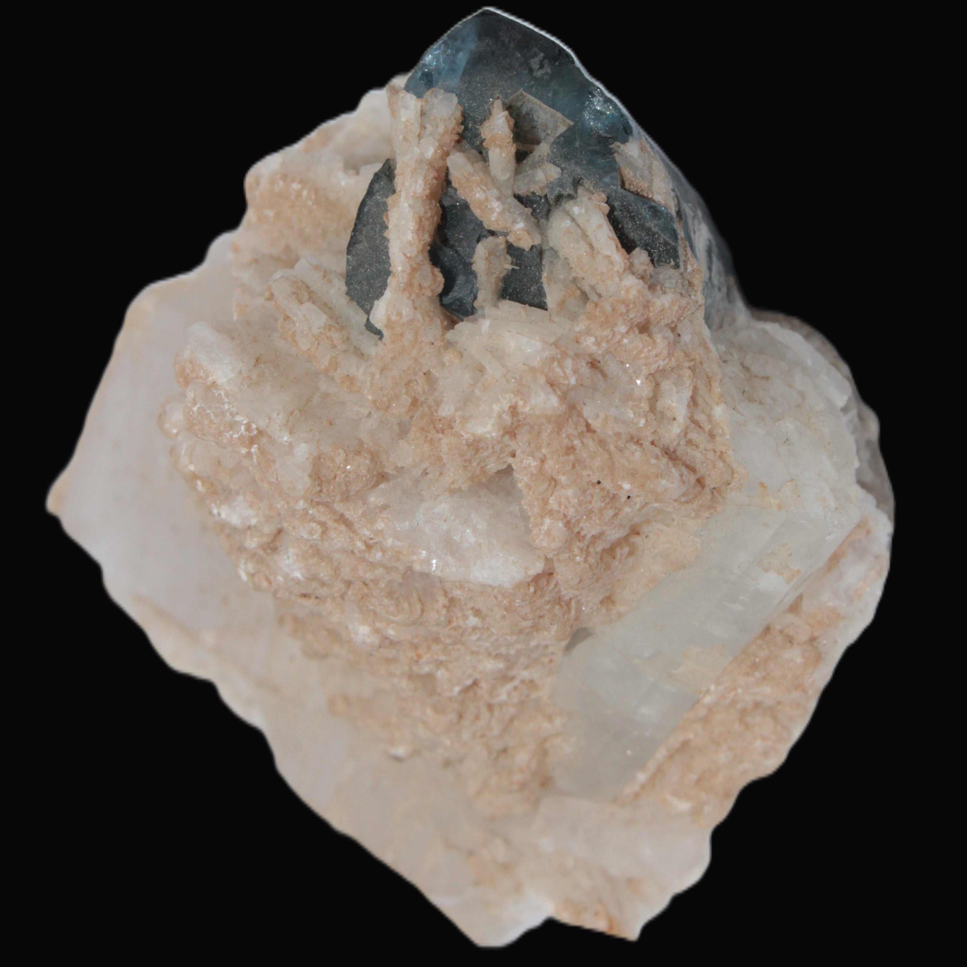 Large bi-colour terminated Green Tourmaline, Clear Aquamarine & Lepidolite on matrix 118.9g in sunlight - Rocks and Things Store