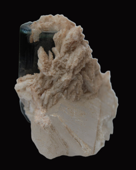 Large bi-colour terminated Green Tourmaline, Clear Aquamarine & Lepidolite on matrix 118.9g in sunlight - Rocks and Things Store