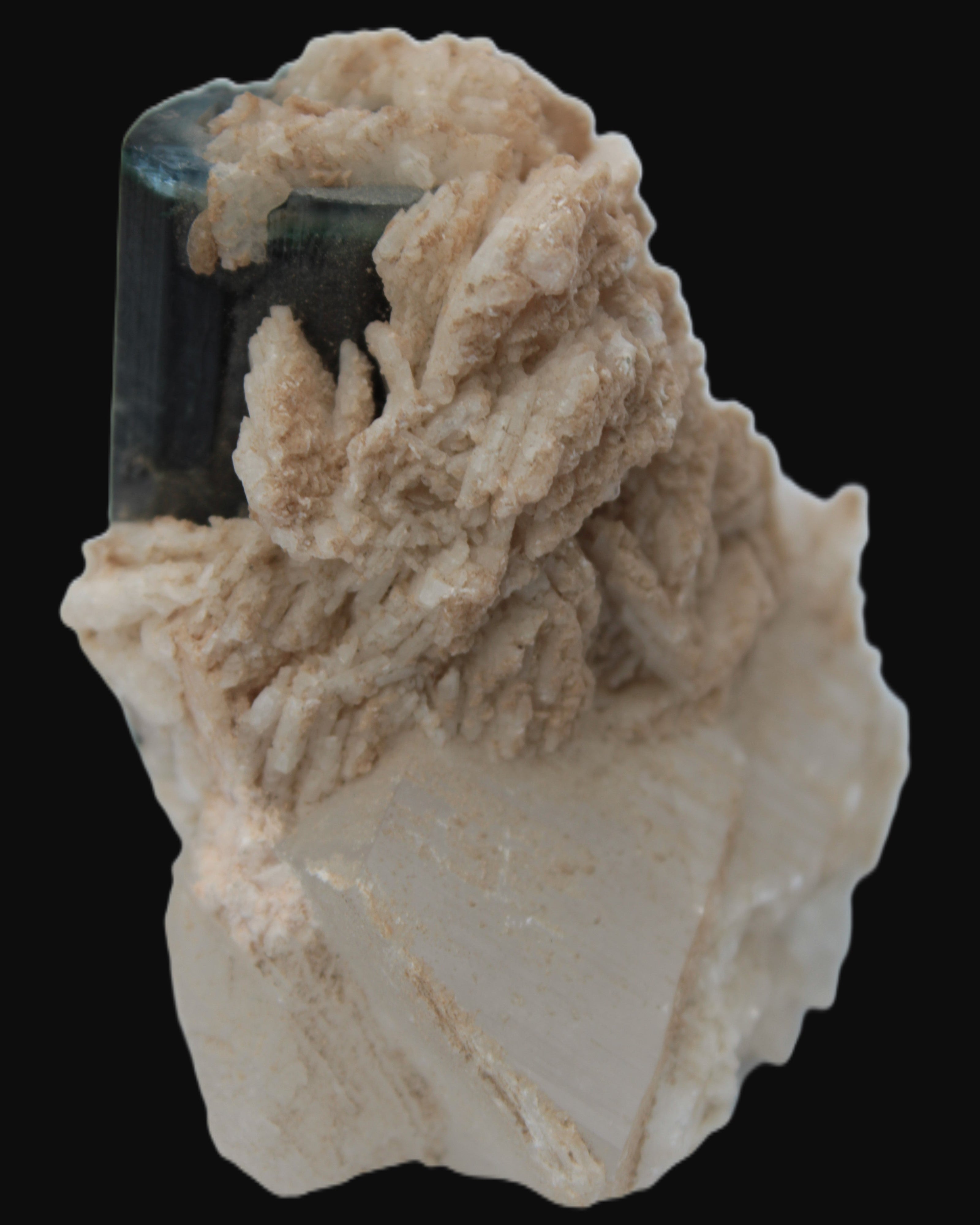 Large bi-colour terminated Green Tourmaline, Clear Aquamarine & Lepidolite on matrix 118.9g in sunlight - Rocks and Things Store