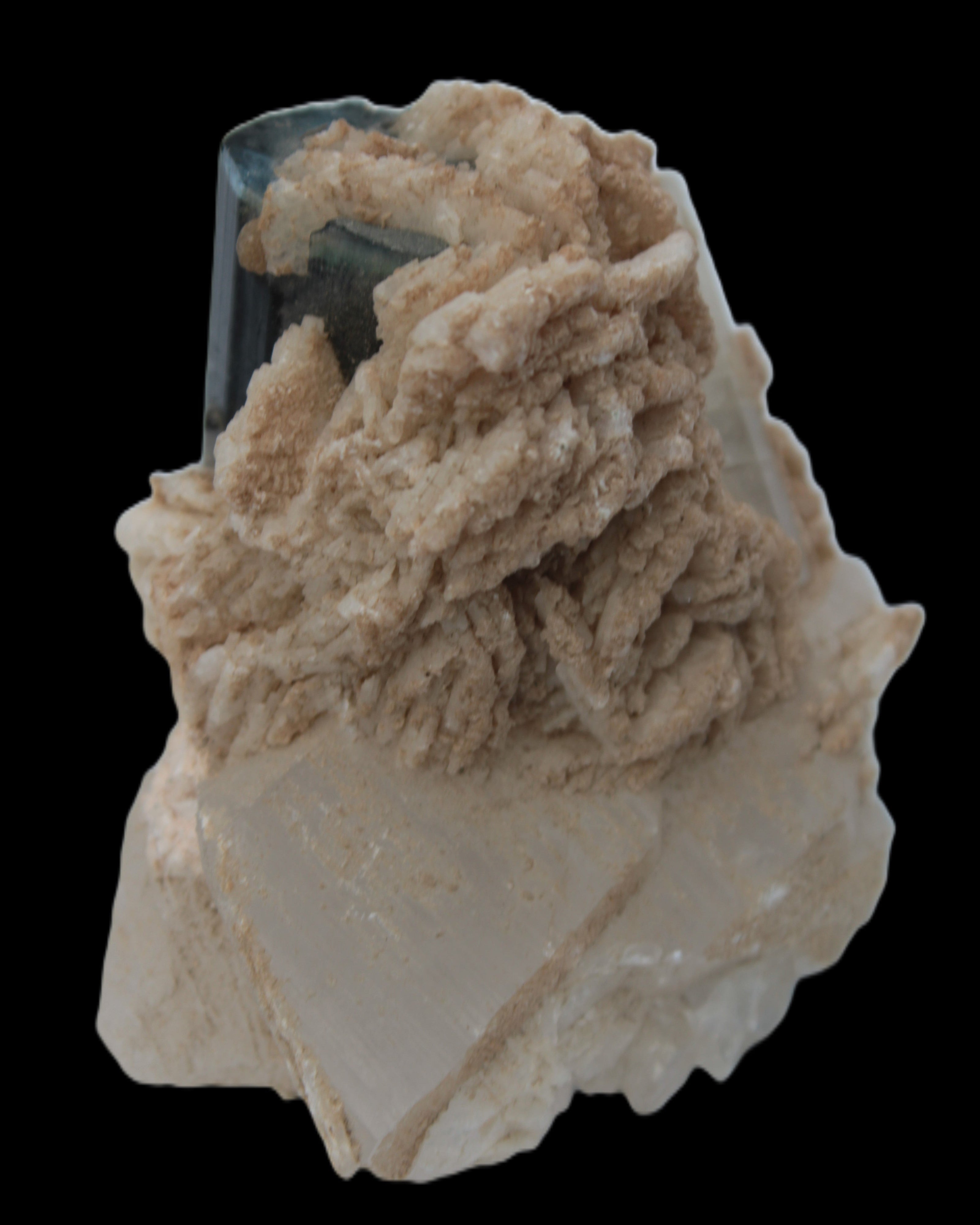 Large bi-colour terminated Green Tourmaline, Clear Aquamarine & Lepidolite on matrix 118.9g in sunlight - Rocks and Things Store