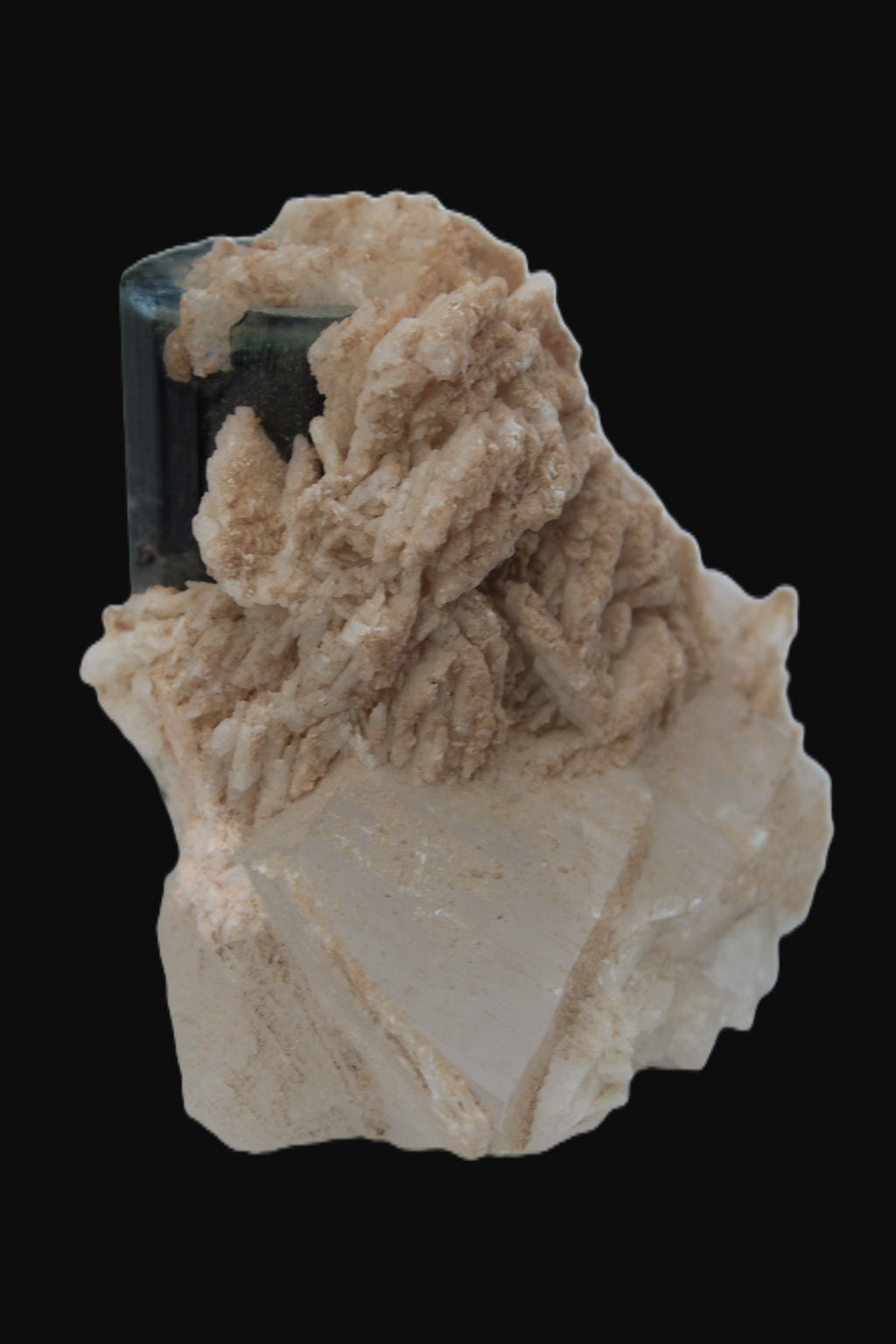 Large bi-colour terminated Green Tourmaline, Clear Aquamarine & Lepidolite on Calcite 118.9g Rocks and Things