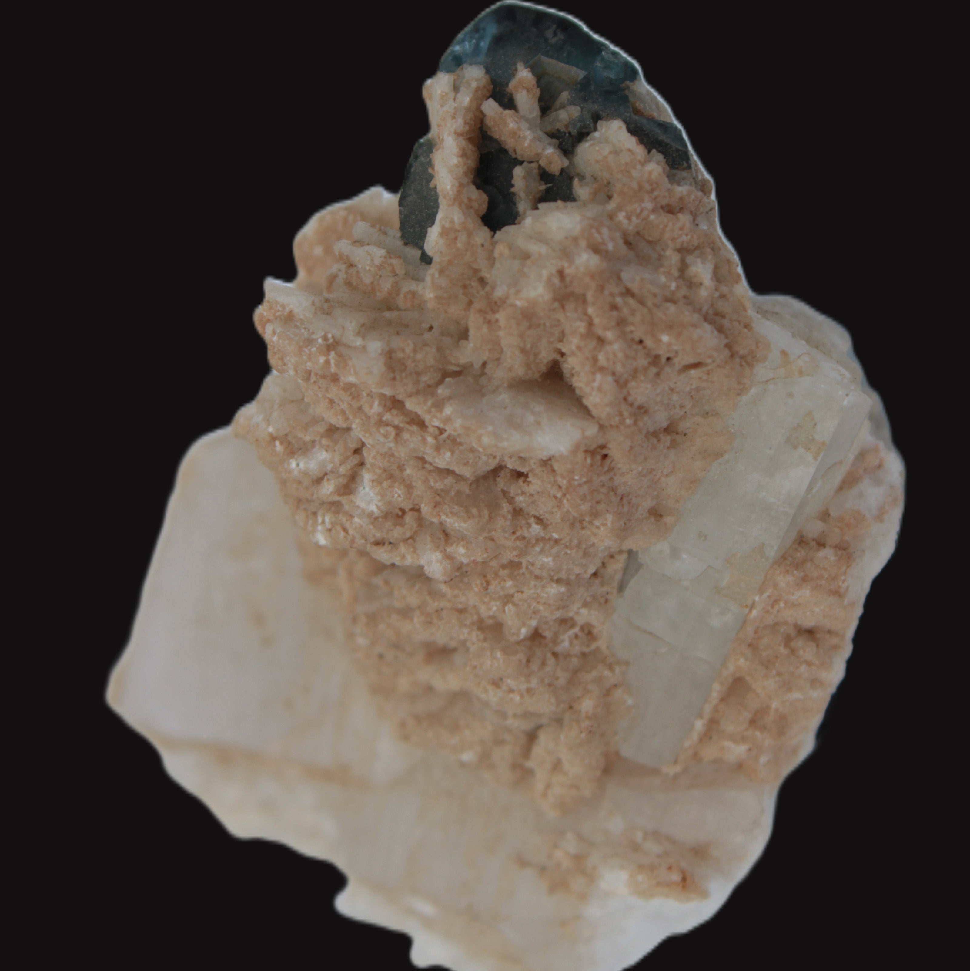 Large bi-colour terminated Green Tourmaline, Clear Aquamarine & Lepidolite on matrix 118.9g in sunlight - Rocks and Things Store
