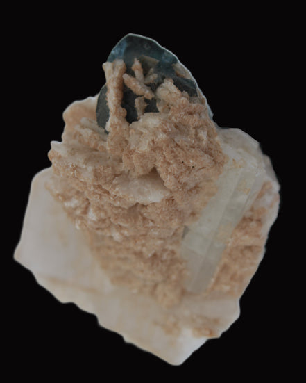 Large bi-colour terminated Green Tourmaline, Clear Aquamarine & Lepidolite on matrix 118.9g in sunlight - Rocks and Things Store