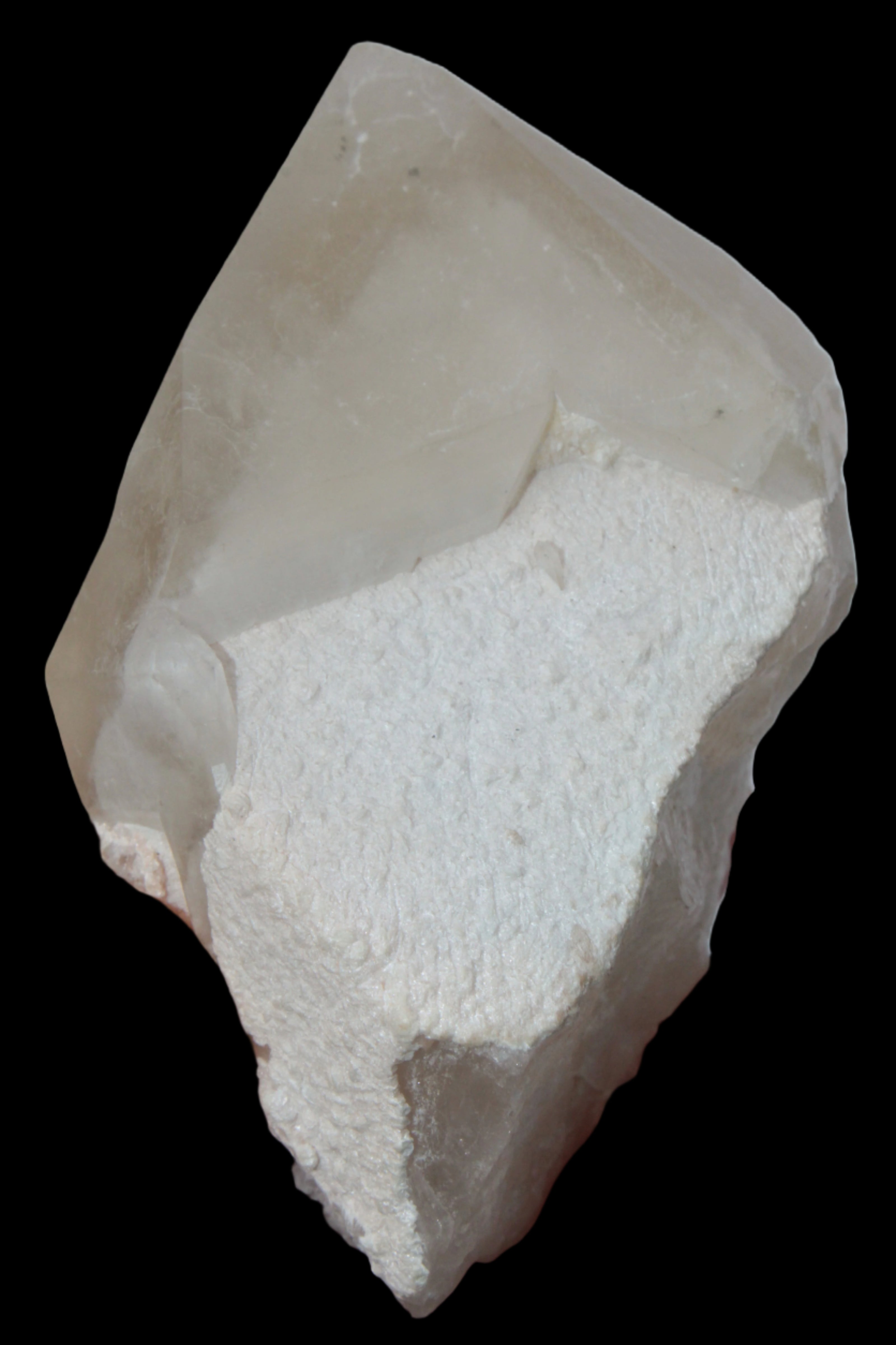 Green Tourmaline crystal on unusual Clear Calcite crystal overgrown dusted Mica layer 144g in sunlight - Rocks and Things Store