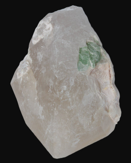 Green Tourmaline crystal on unusual Clear Calcite crystal overgrown dusted Mica layer 144g in sunlight - Rocks and Things Store