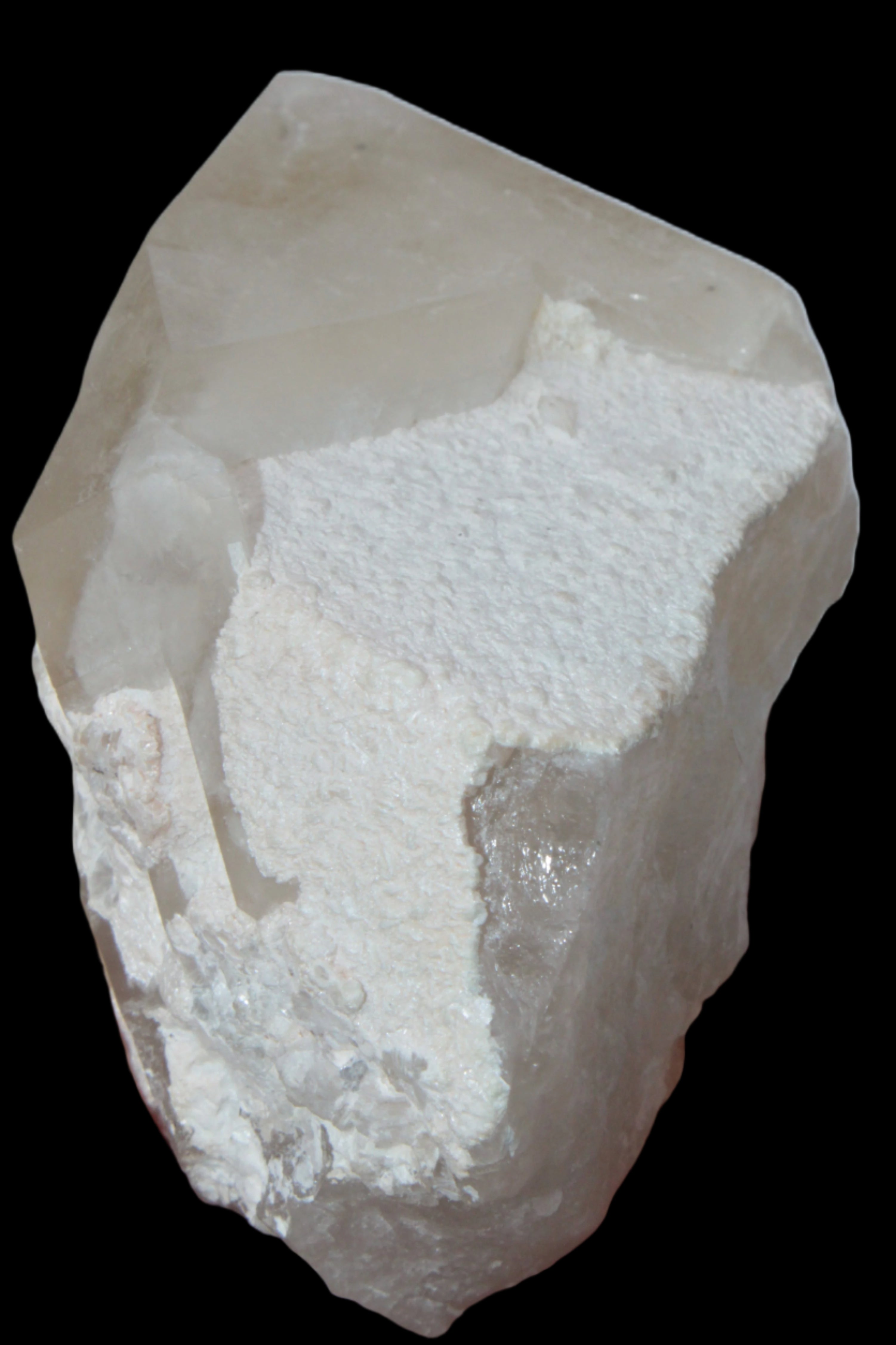 Green Tourmaline crystal on unusual Clear Calcite crystal overgrown dusted Mica layer 144g in sunlight - Rocks and Things Store
