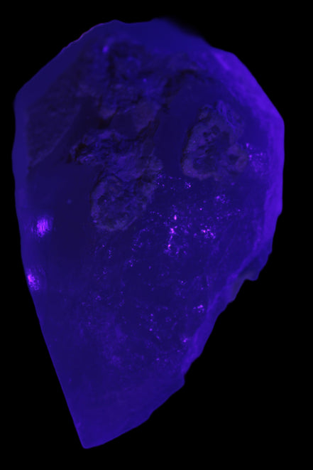 Green Tourmaline crystal on unusual Clear Calcite crystal overgrown dusted Mica layer 144g in UV light - Rocks and Things Store