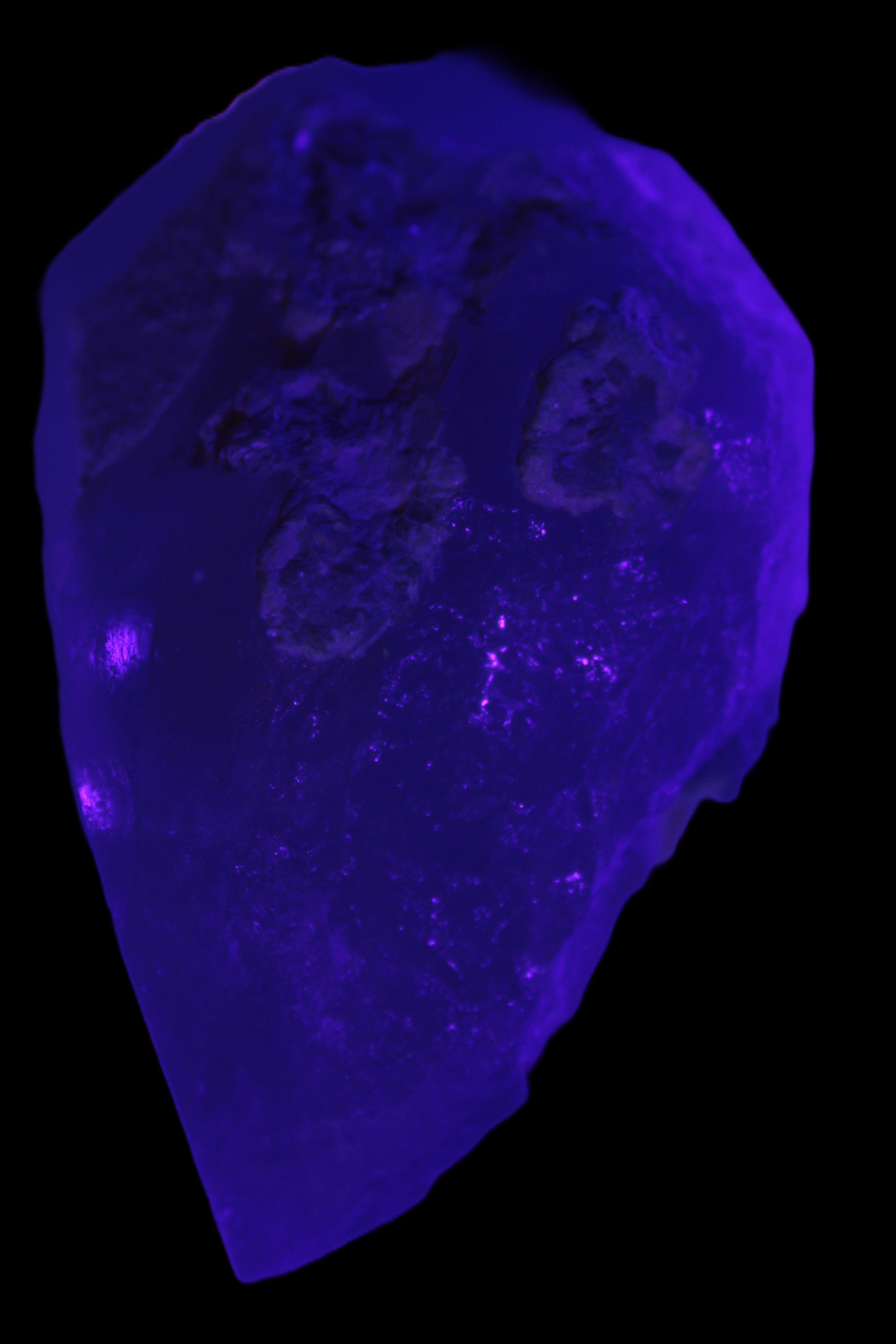 Green Tourmaline crystal on unusual Clear Calcite crystal overgrown dusted Mica layer 144g in UV light - Rocks and Things Store
