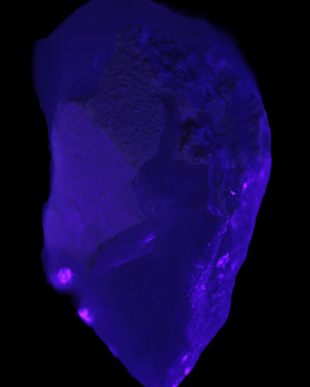 Green Tourmaline crystal on unusual Clear Calcite crystal overgrown dusted Mica layer 144g in UV light - Rocks and Things Store